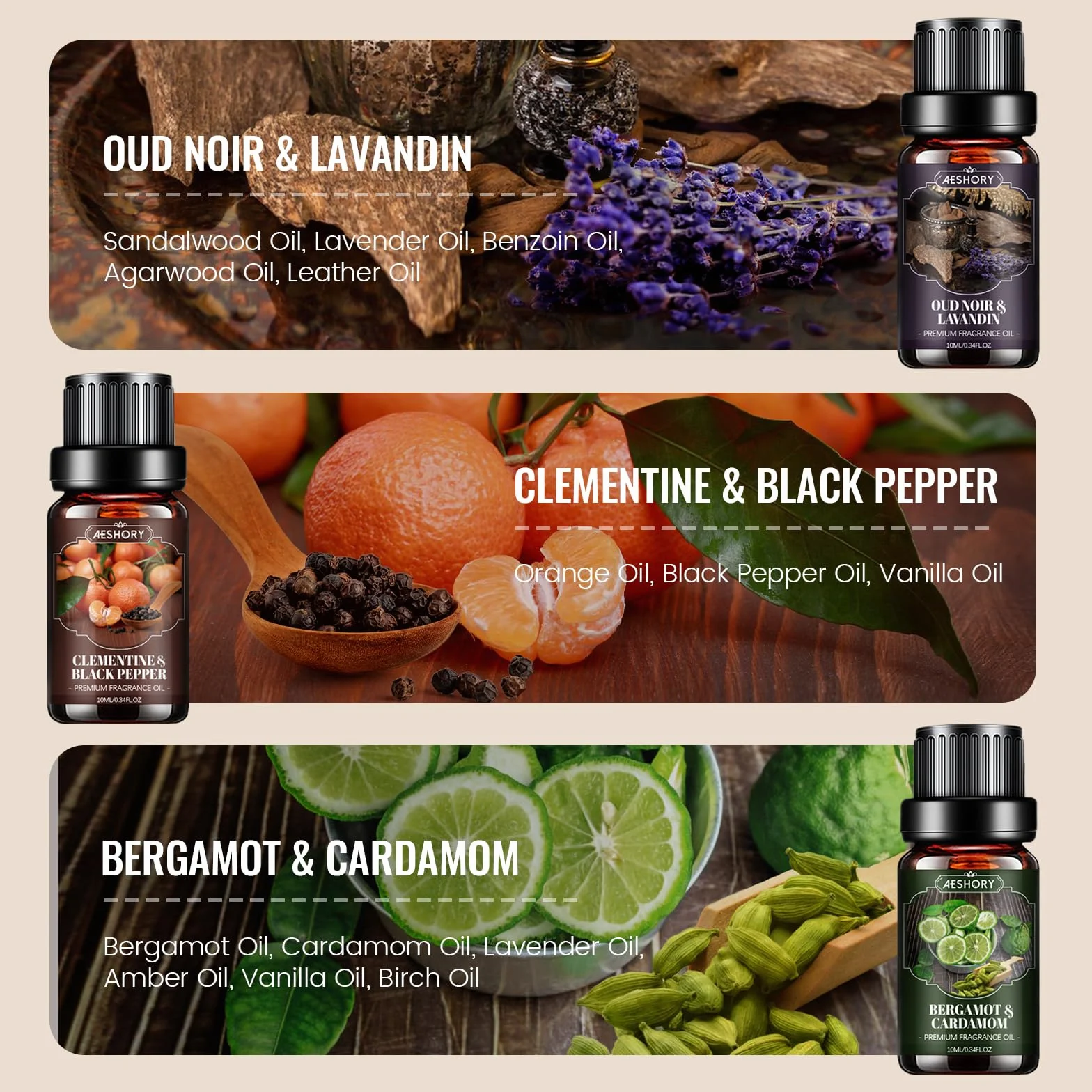 AESHORY 6 x 10ml Zestaw Olejków Eterycznych Dla Mężczyzn, Naturalny Olejek Do Dyfuzora Zapachowego, Olejki Zapachowe Do Nawilżaczy Powietrza, Wyrobu Świec I Perfum