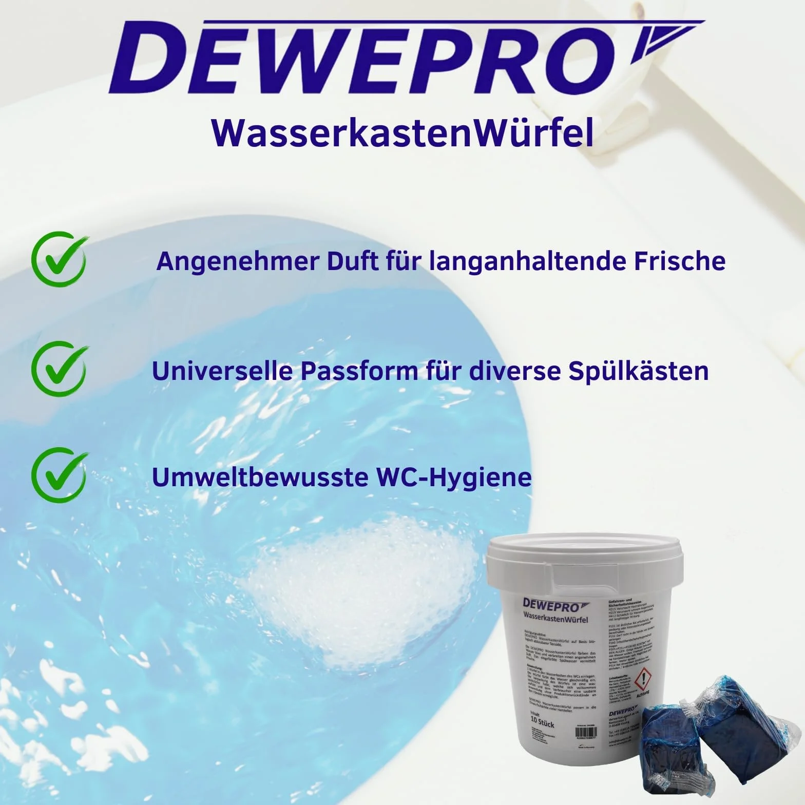 DEWEPRO Kostka na wodę 1 puszka po 10 sztuk – środek do czyszczenia WC do wrzucania do spłuczek wielu producentów (np. Geberit, Sanit) z otworem wrzutowym