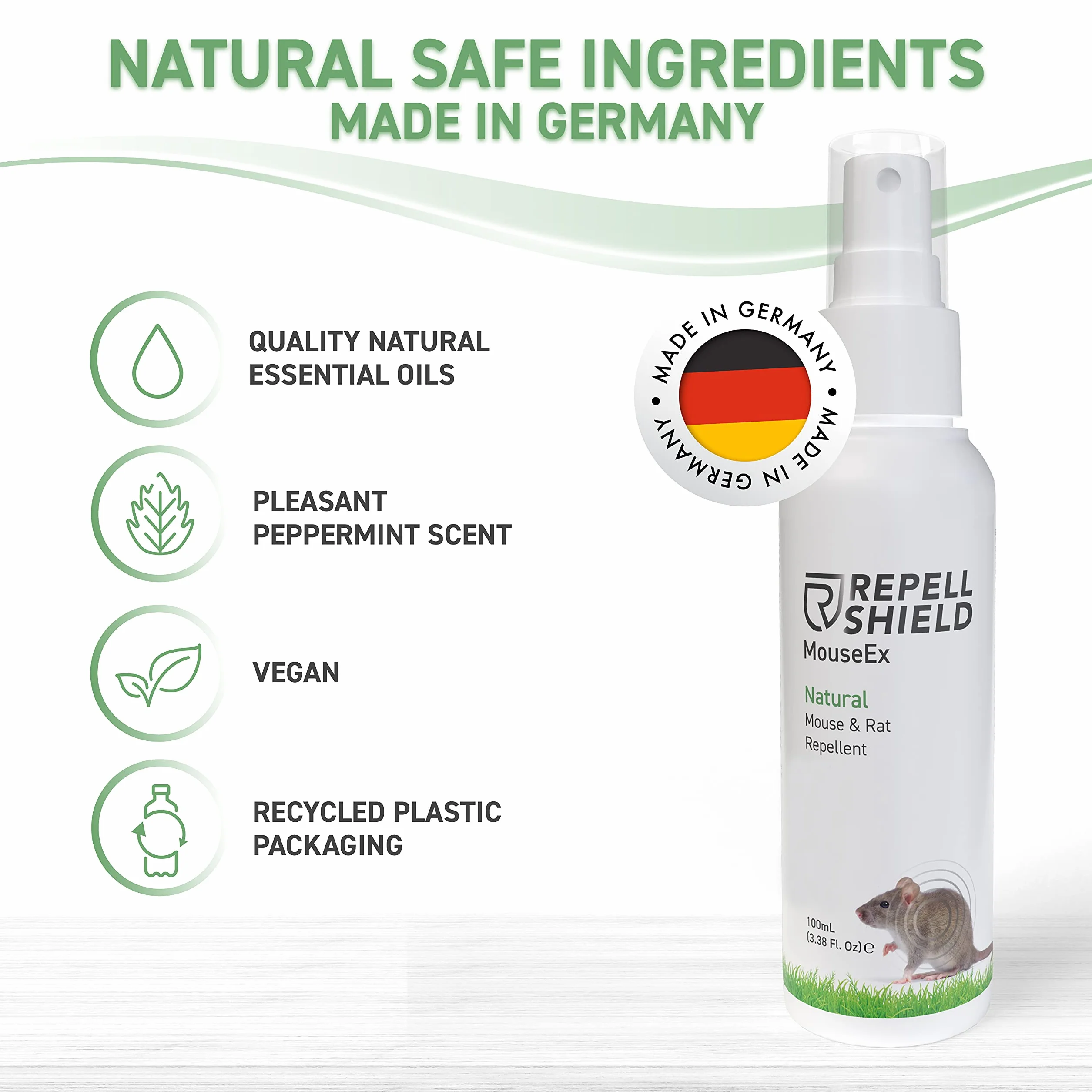 RepellShield Wegański spray do odstraszania myszy – spray z olejkiem miętowym do nieagresywnego odstraszania myszy, naturalny spray przeciw szczurom, do ogrodu, pojemność 100 ml
