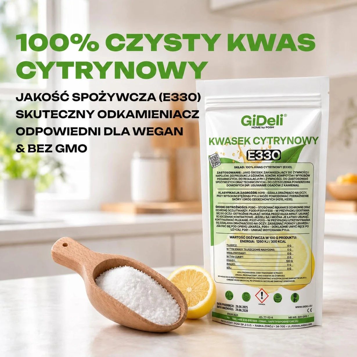 GiDeli Kwas Cytrynowy 2x1kg - E330 Jakość Spożywcza w Proszku - Regulator Kwasowości Idealny do Czyszczenia, Odkamieniania, Pieczenia i Gotowania - Produkt Naturalny bez GMO