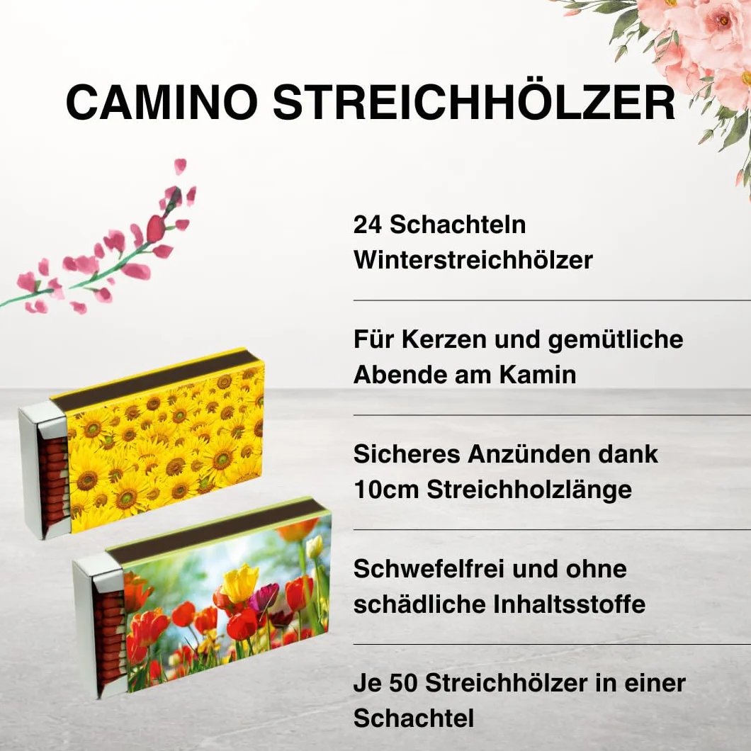 Camino zapałki – 24 pudełka po zapałki o długości 10 cm – 1200 sztuk do kominka, świec i dekoracji – motyw kwiatowy, certyfikat FSC, art. 1556 (24)
