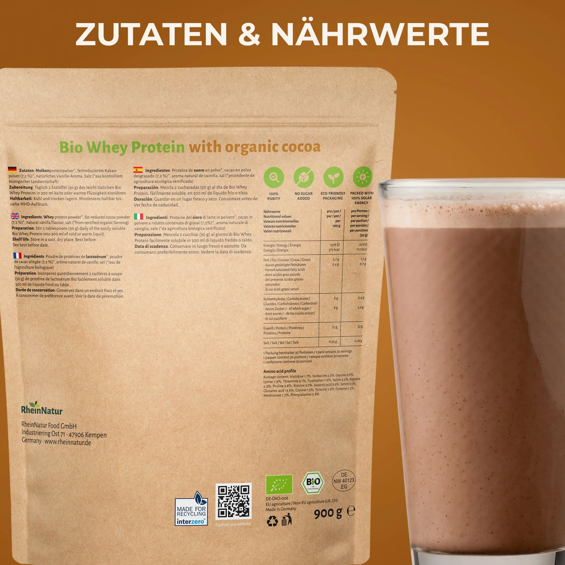 RheinNatur Bio Whey Protein Kakao 900 g - Proszek białkowy z bio-proszkiem kakaowym, 100% białko serwatki