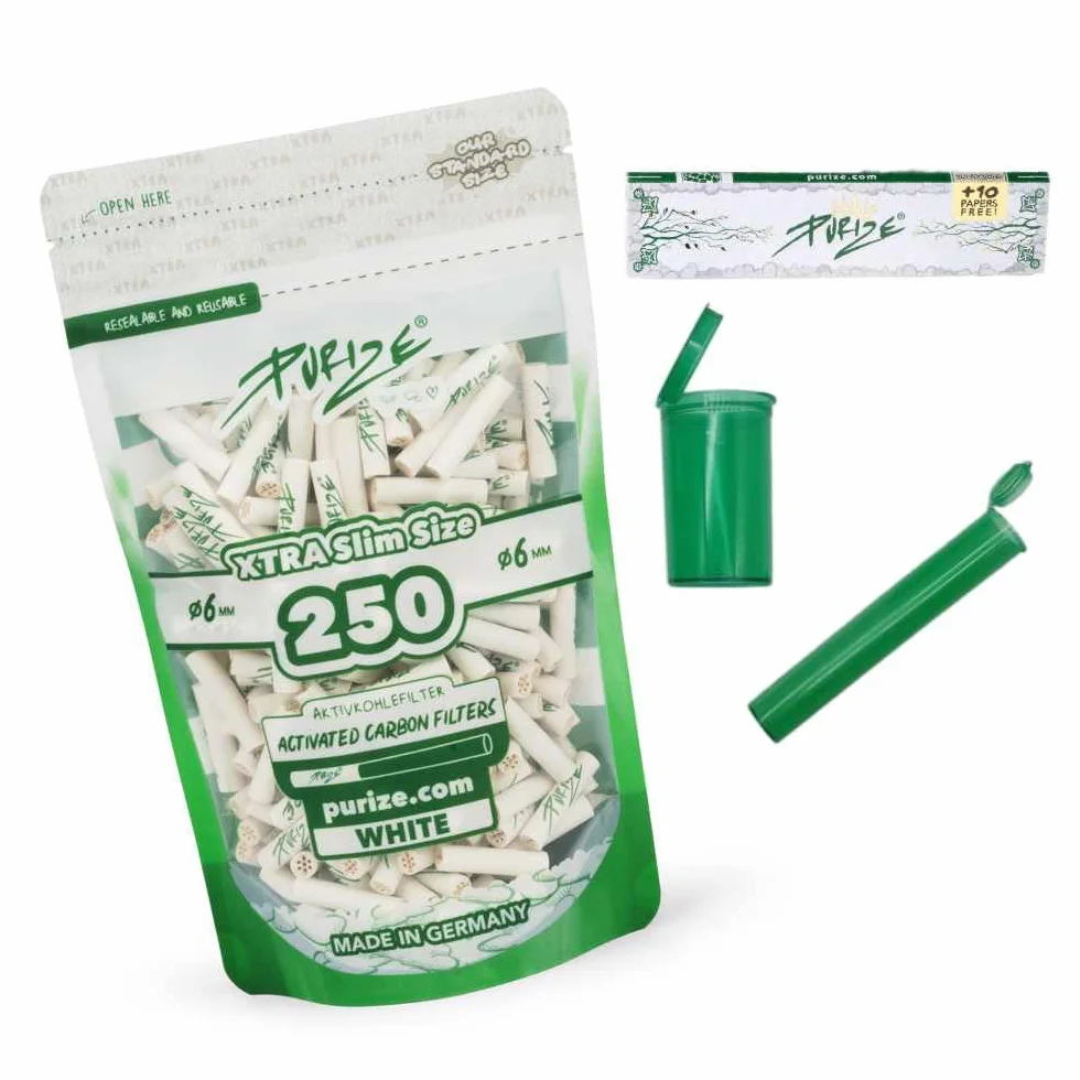 PURIZE 250 sztuk filtrów z węglem aktywnym Xtra Slim Size 6 mm (5,9 mm) z 2 ceramicznymi nakładkami, w zestawie joint tube, puszeczki Popup, papier i naklejki (białe)