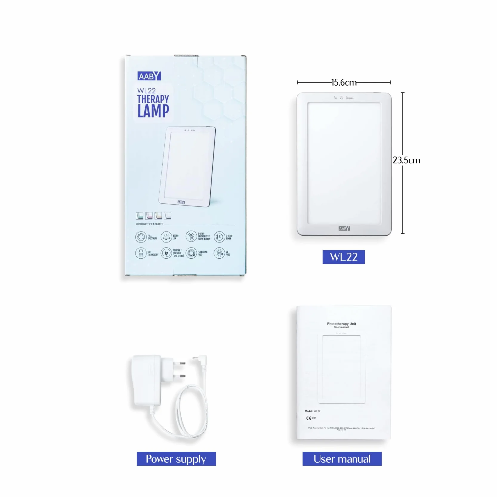 AABY WL22 Daylight Lamp Four Colors LED Light Therapy Lamp UV Free Flicker Free 10000 Lux LED White Bright Light 3-Step Brightness Timer Indicator Compact and Portable Energy Booster (White)