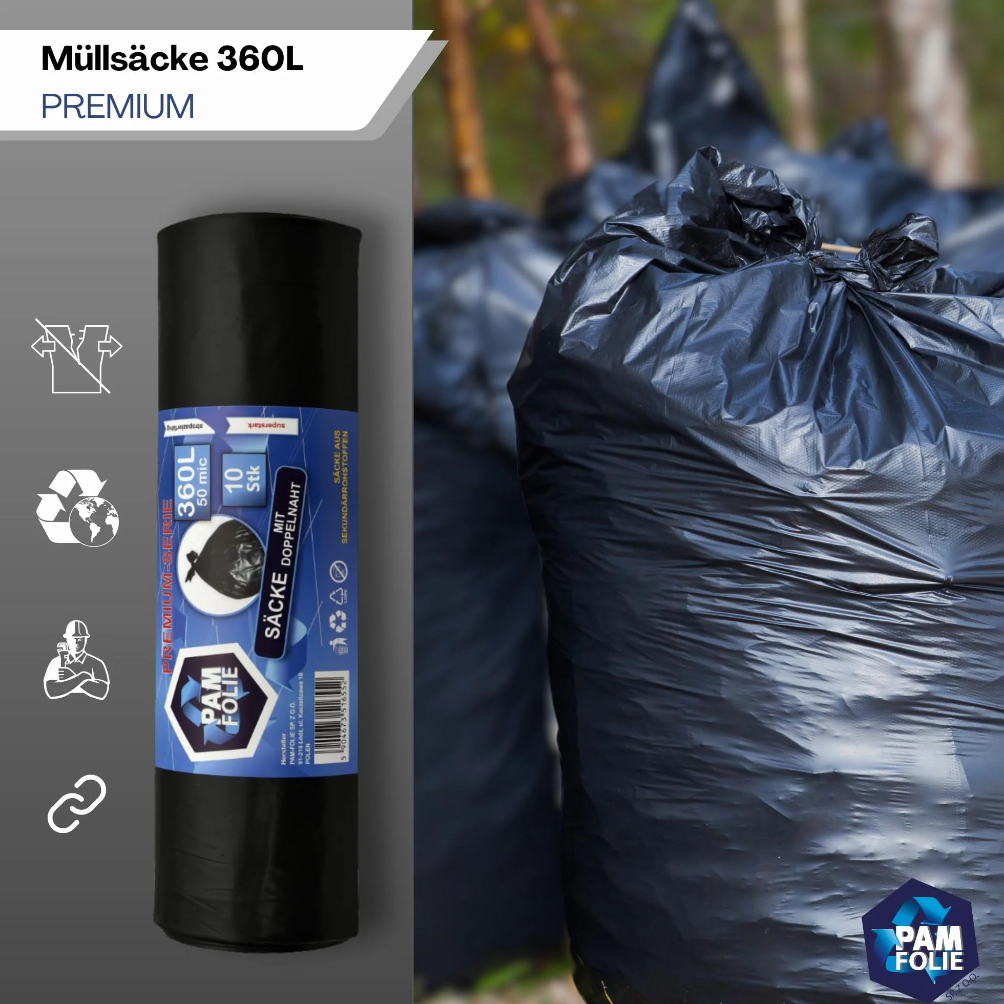 Worki na Śmieci 360L - 10 Sztuk - XXL, Duże, Bardzo Mocne, Grube - Premium 120x150cm - 50µm - Czarne - Na Gruz, Odpady Styropianowe