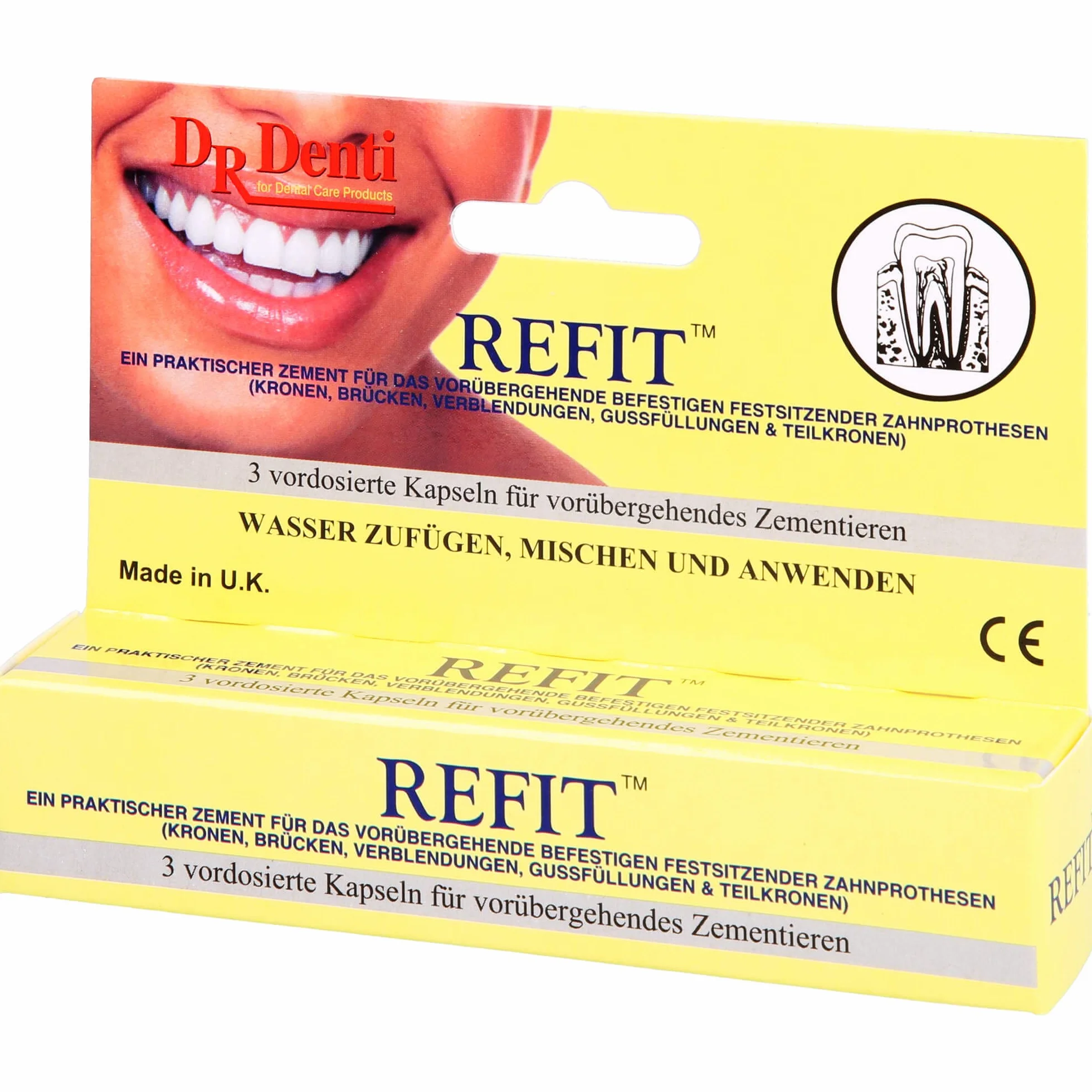 Refit tymczasowe kapsułki z klejem dentystycznym, 1 opakowanie 3 kapsułek
