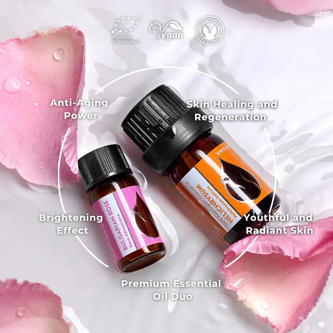 Zestaw "Luksus" Organicznych Olejków Eterycznych | Kocanka (5ml) + Róża (3ml)| 100% Czysty i Naturalny | Nierozcieńczony | Klasa terapeutyczna | Gospodarstwo rodzinne | Destylowany z parą wodną | 2szt