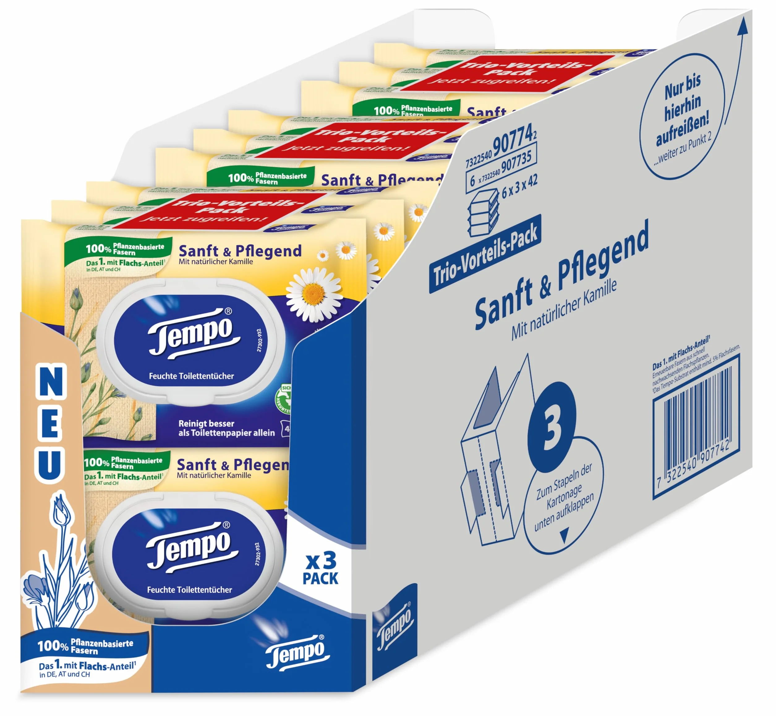 Tempo Papier toaletowy wilgotny Tempo Delikatny pielęgnujący trójpak (18 (6 x 3) opakowań x 42 arkusze każda), duże opakowanie, 1 kg