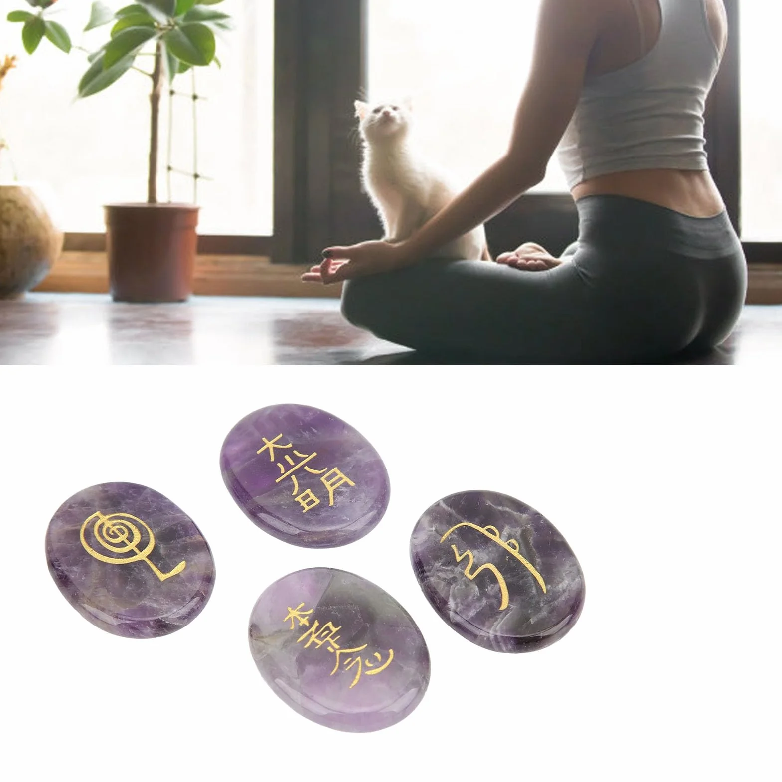 4 sztuki Symbole Reiki Kamień Naturalne kryształy uzdrawiające Reiki Grawerowane symbole Reiki Kamienie Medycyna alternatywna Kryształy lecznicze (ametyst)