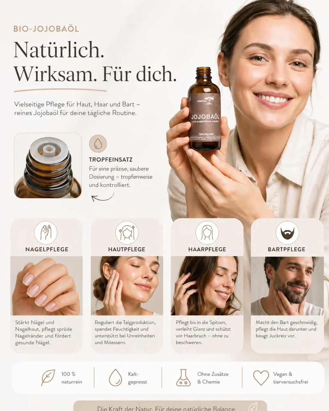 rooted.® Bio olejek jojoba 50 ml – 100% czysty, tłoczony na zimno olejek jojoba – olej nośny do olejków eterycznych – pielęgnacja skóry, twarzy, włosów, paznokci i brody – naturalny i bez dodatków