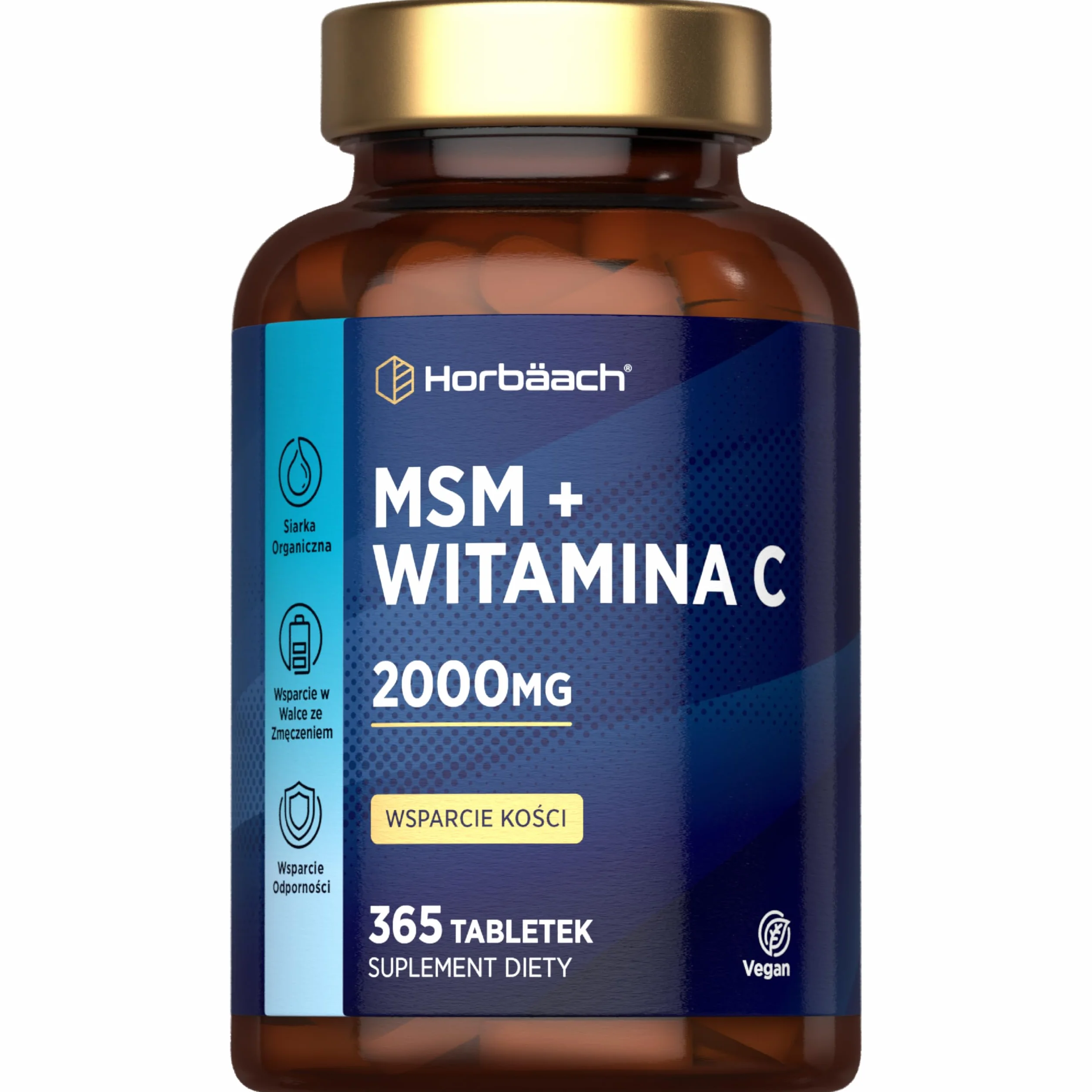 MSM Suplement 2000mg z Witaminą C | Wysoka dawka Metylosulfonylometanu (MSM) z Wit. C | 365 Wegańskich Tabletek | Firma Horbaach