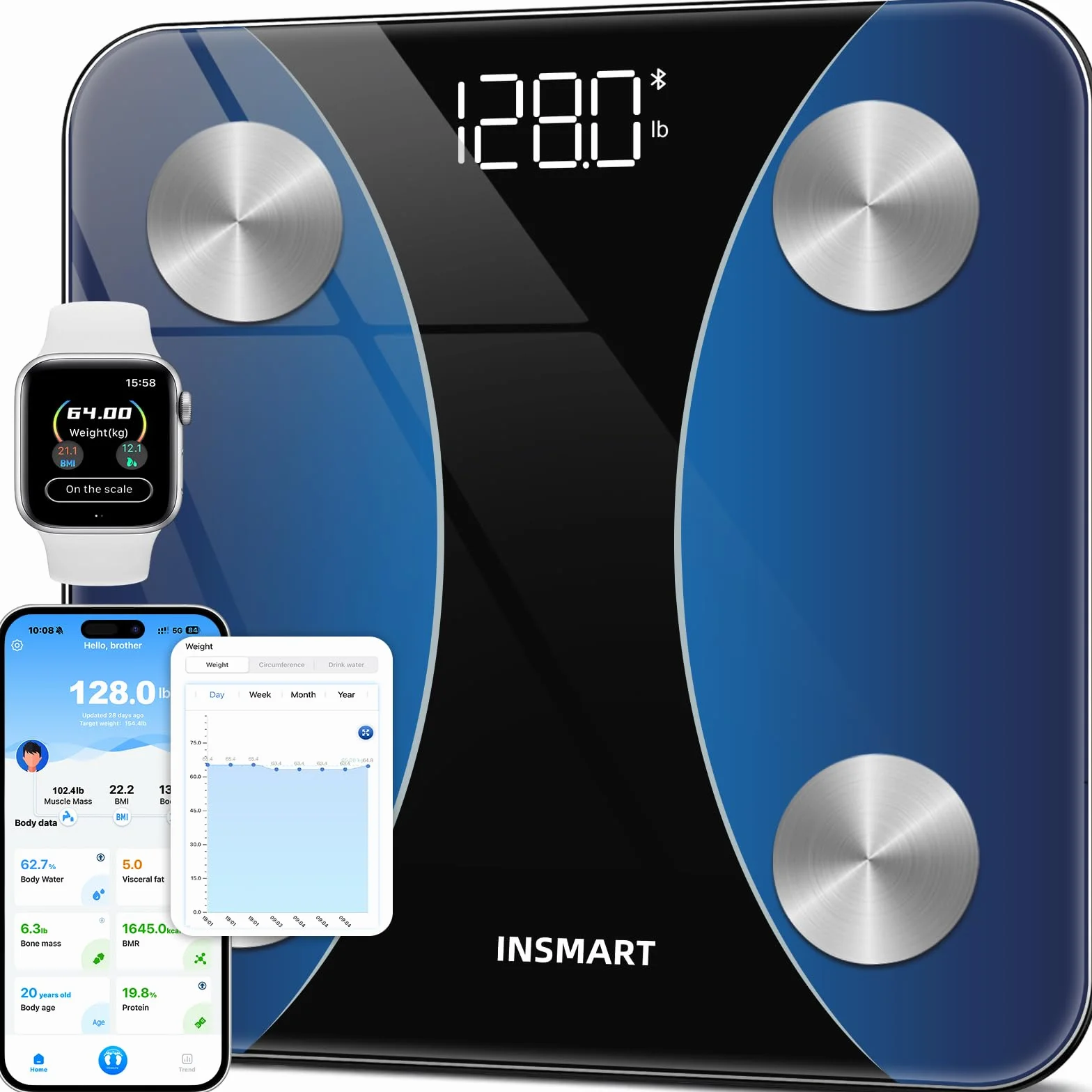 INSMART Waga do masy ciała, cyfrowa osobista inteligentna waga z aplikacją, waga Bluetooth do tkanki tłuszczowej, BMI, wagi, tętna, masy mięśniowej, wody, białka, masy kości, BMR itp. Bllue