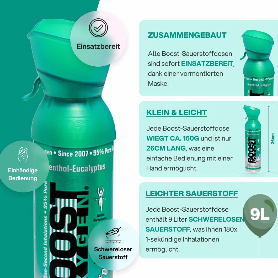 Czysty tlen w puszce 9 litrów MENTOLOWY EUKALIPTUS naturalny 95% czystego tlenu przenośny pojemnik 150 inhalacji