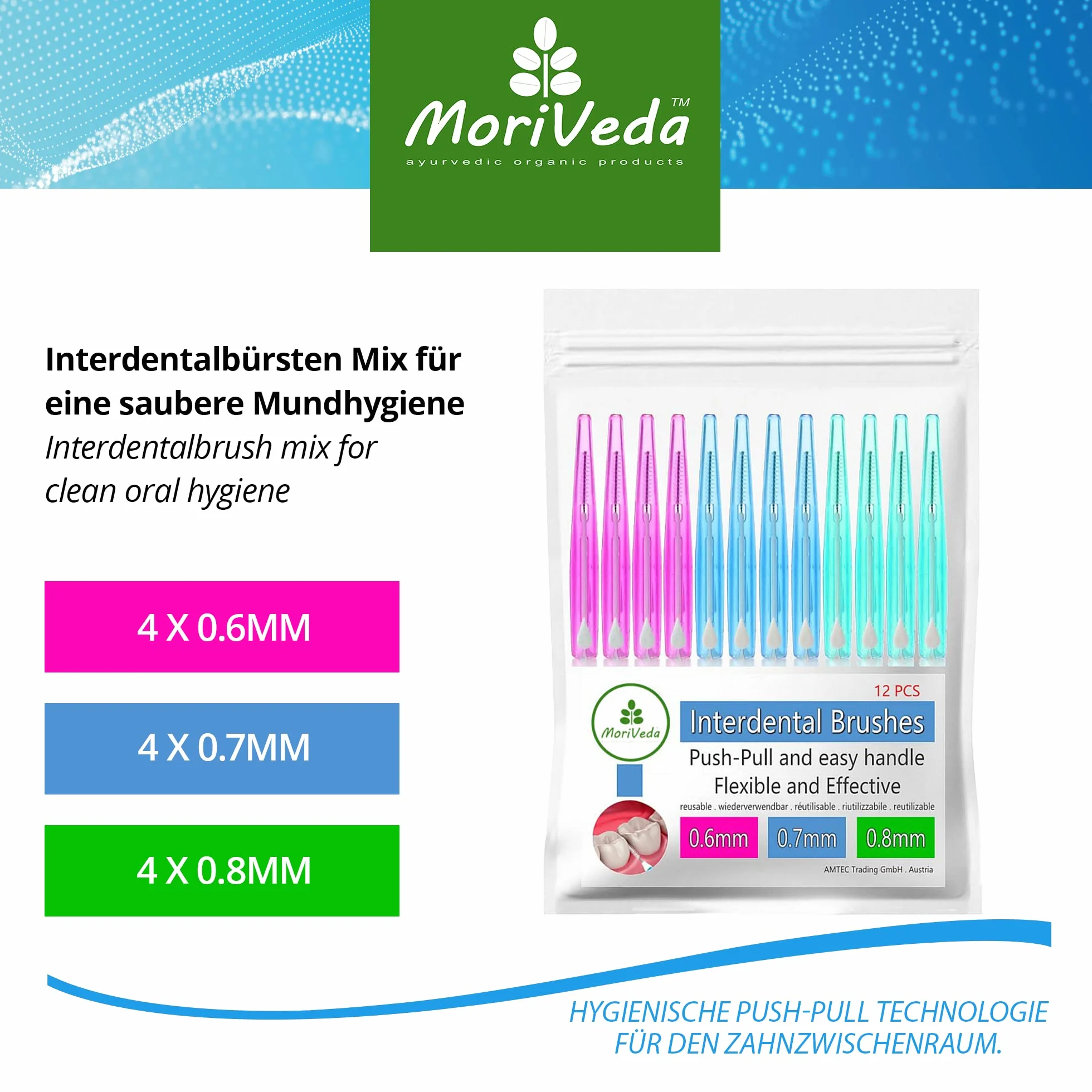 MoriVeda® NP-Vital Szczotki międzyzębowe, zestaw 12 sztuk (0,6/0,7/0,8 mm), funkcja Push-Pull, zapewniająca czystą higienę jamy ustnej