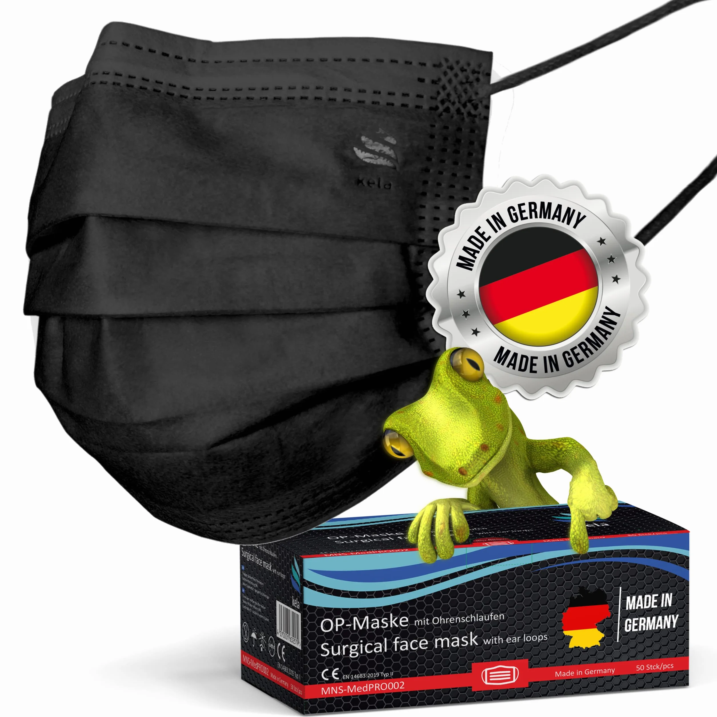 kela®, Maska medyczna, czarna, Made in Germany, maska medyczna do ochrony ust i nosa, jednorazowa maska chirurgiczna, certyfikat CE, DIN EN 14683 typ IIR, BFE > 99,9%, 3-warstwowa