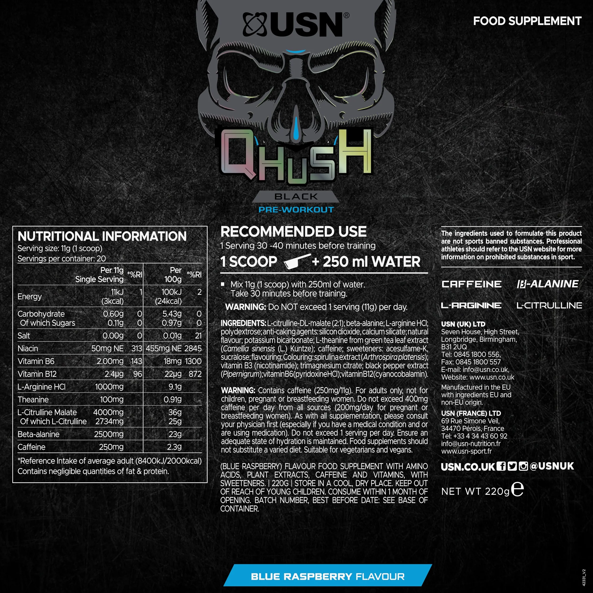 USN QHUSH Pre-Workout Blue Raspberry 20 Serv