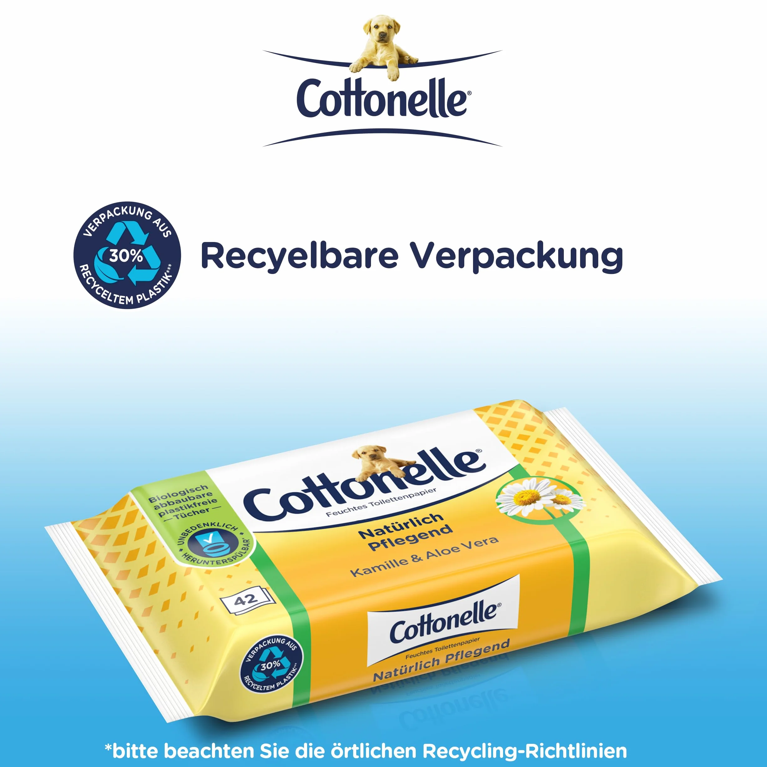 Cottonelle Wilgotny papier toaletowy, naturalnie pielęgnujący – rumianek i aloes, biodegradowalny, nie zawiera plastiku, możliwość ponownego zamknięcia, opakowanie ekonomiczne, 12 x 42 chusteczki