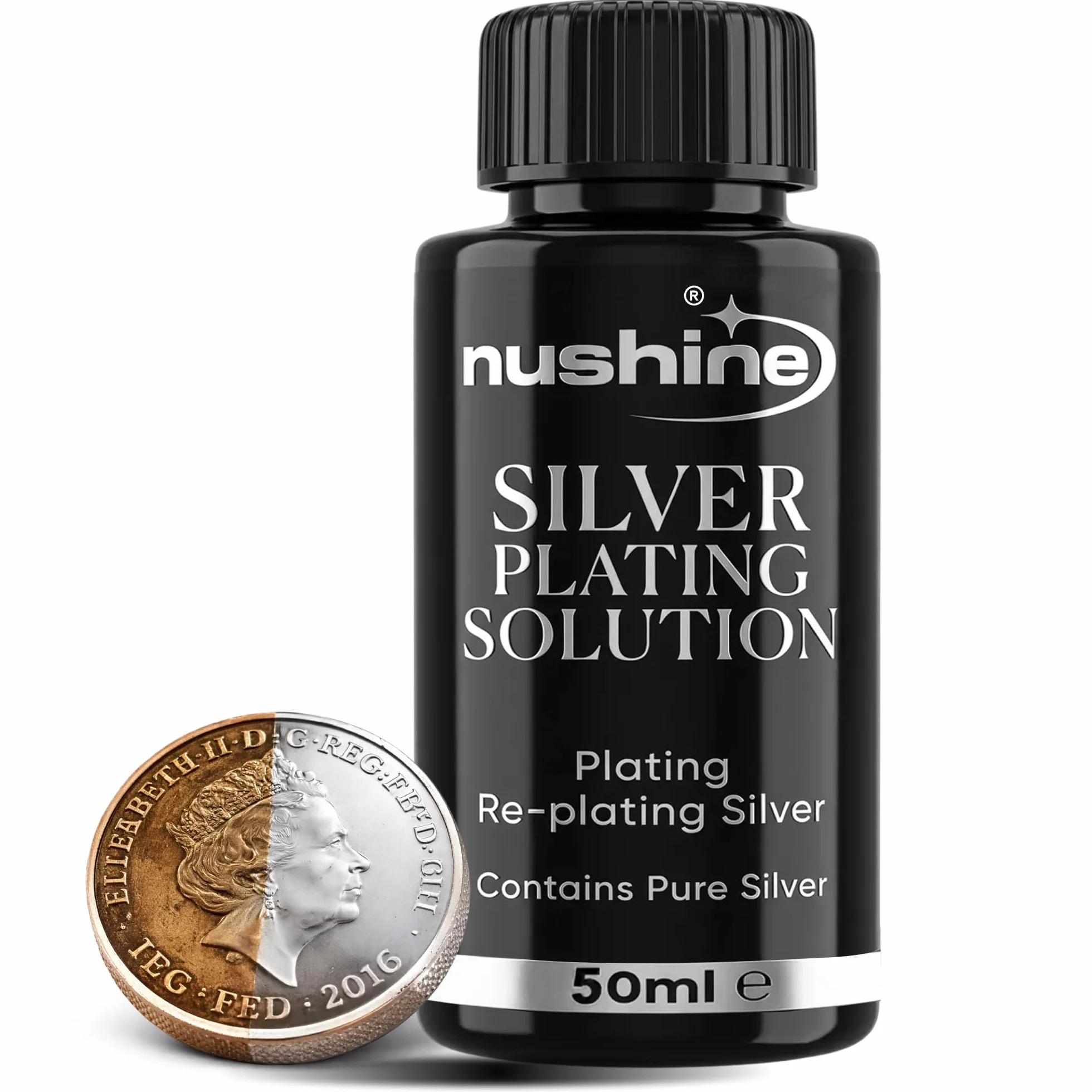 Nushine Roztwór do posrebrzania 50 ml – Trwałe platerowanie czystego srebra na zużytym/zniszczonym srebrze, mosiądzu, miedzi i brązie (formuła przyjazna dla środowiska)