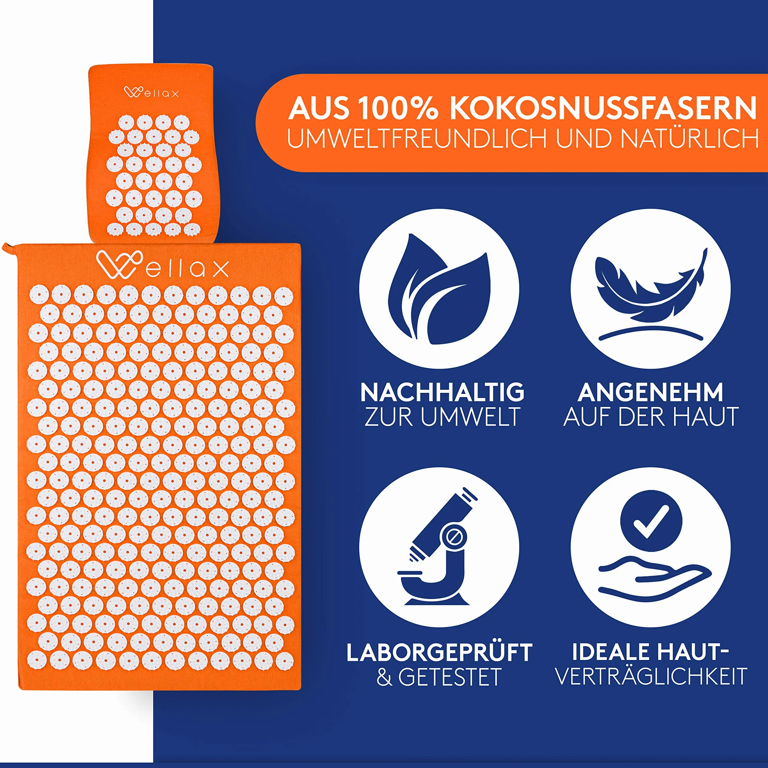 Mata akupresurowa Wellax z poduszką - specjalnie łagodzi napięcie i wspomaga krążenie - mata do masażu w zestawie zawierającym poduszkę akupresurową i torbę do przenoszenia