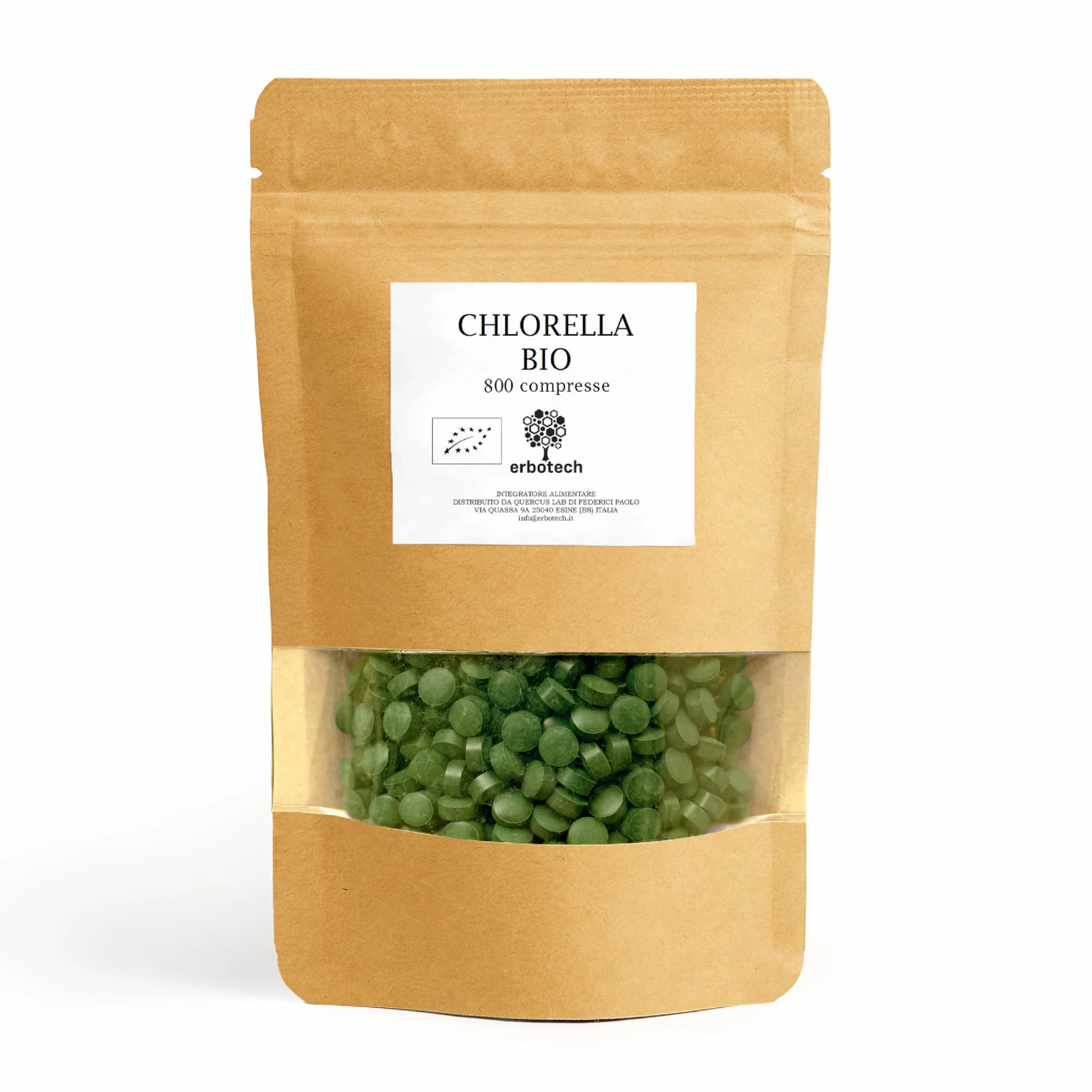 ERBOTECH Organiczne Tabletki Chlorelli 800 sztuk, Kapsułki 200g, Bezglutenowe dla Wegetarian i Wegan
