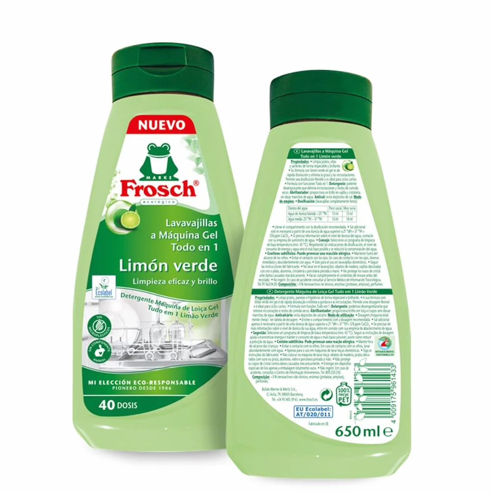 Frosch - żel do maszyny, wszystko w 1 z zieloną cytryną, czyszczenie i połysk, bez mikroplastiku i składników zwierzęcych, 40 puszek - 650 ml
