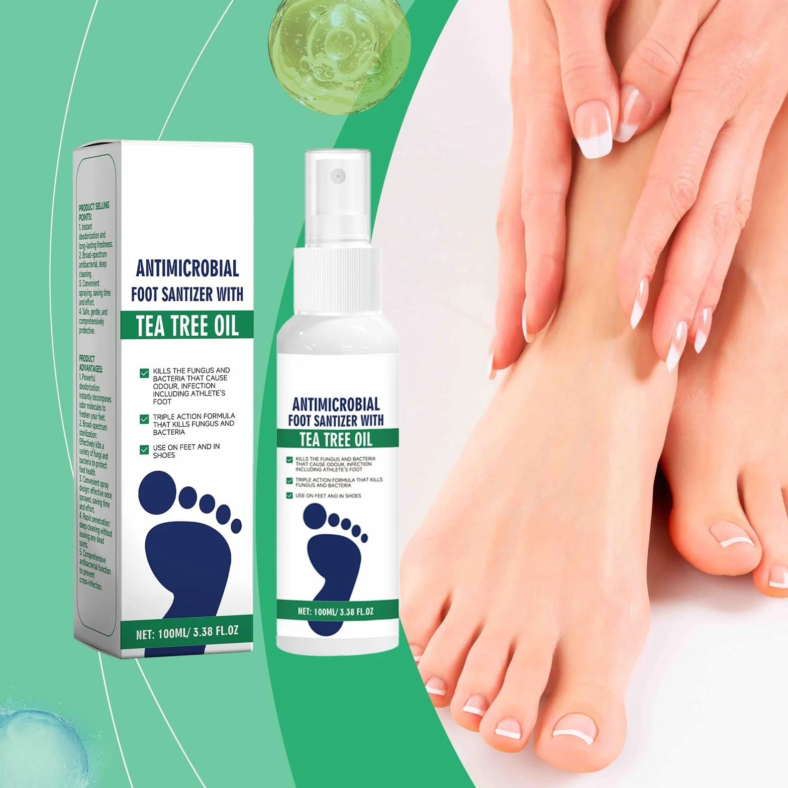 2 szt. Olejek do pielęgnacji stóp do herbaty, naturalny olejek z drzewa herbacianego i aloesowy spray do stóp, serum do pielęgnacji stóp i paznokci, szybkie suszenie i przyjazne dla podróży