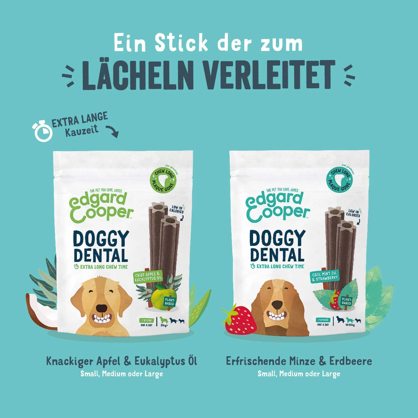 Edgard & Cooper Snacks 56 pałeczek dentystycznych, średni pies, naturalne, 8 x 7 pałeczek, pielęgnacja zębów, eukaliptus i jabłko, raz dziennie, niskokaloryczne, skuteczne żucie, świeży oddech