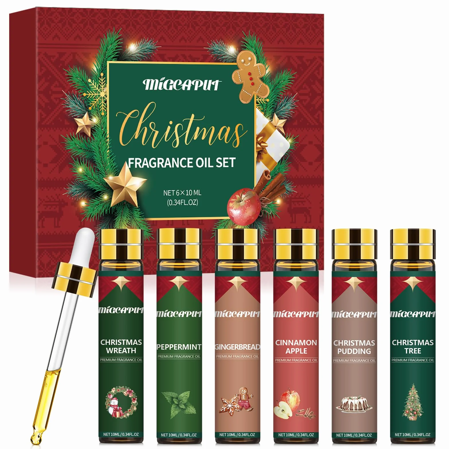 MIGCAPUT Świąteczny Zestaw Olejków Eterycznych 6 x 10ML, Olejki Zapachowe do Dyfuzory, Świece DIY - Piernik/Jabłko Cynamonowe/Budyń Świąteczny/Mięta Pieprzowa/Wieniec Bożonarodzeniowy/Choinka