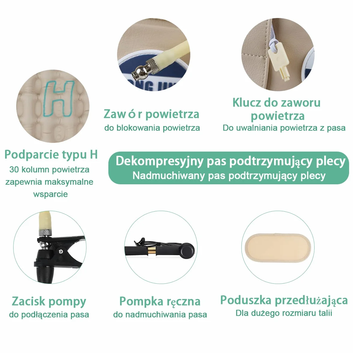 HONGJING Nadmuchiwany pas dekompresyjny lędźwiowy do łagodzenia bólu pleców, jeden rozmiar 29-49