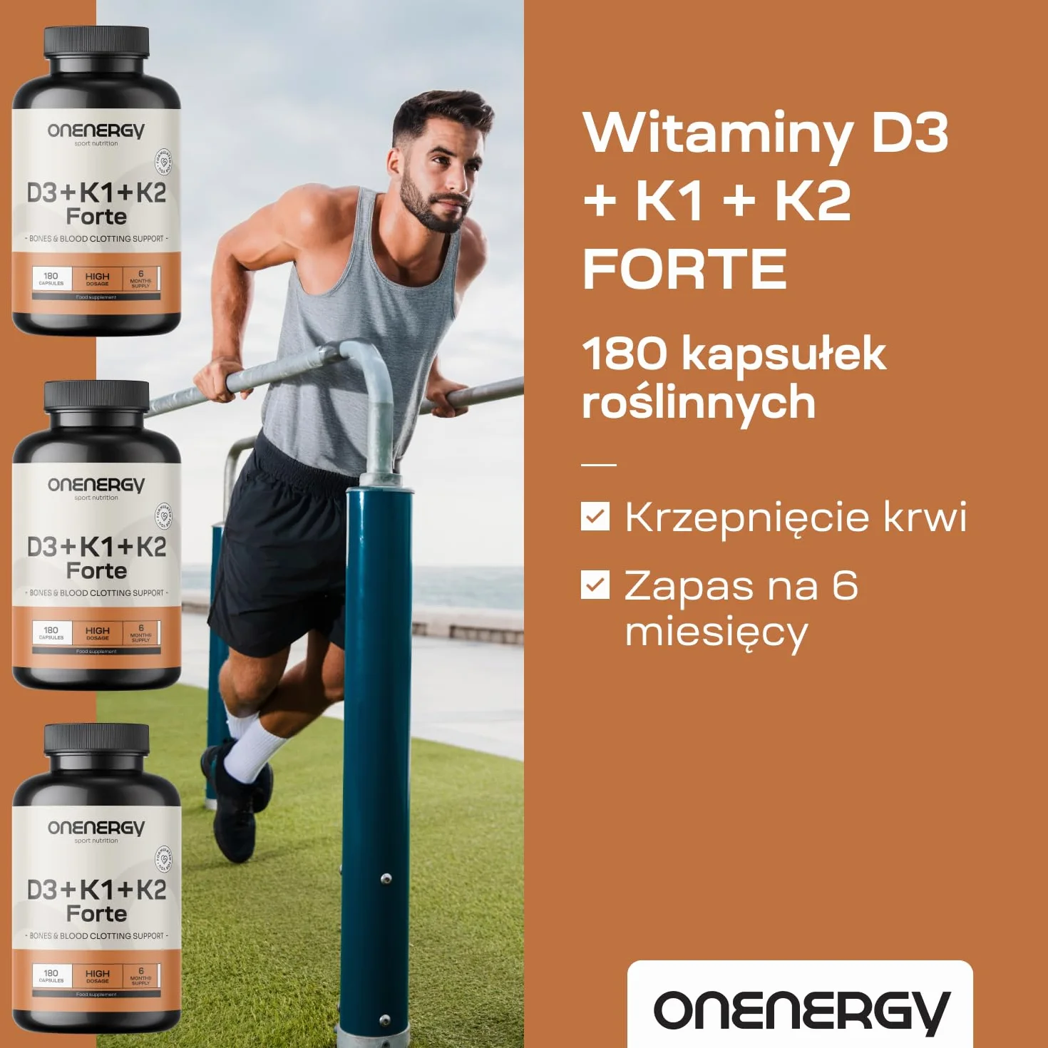 Witaminy D3 + K1 + K2 FORTE od OnEnergy - 180 kapsułek roślinnych - Wsparcie kości, mięśni i układu odpornościowego - Synergia witamin - Wsparcie krzepnięcia krwi - Zapas na 6 miesięcy