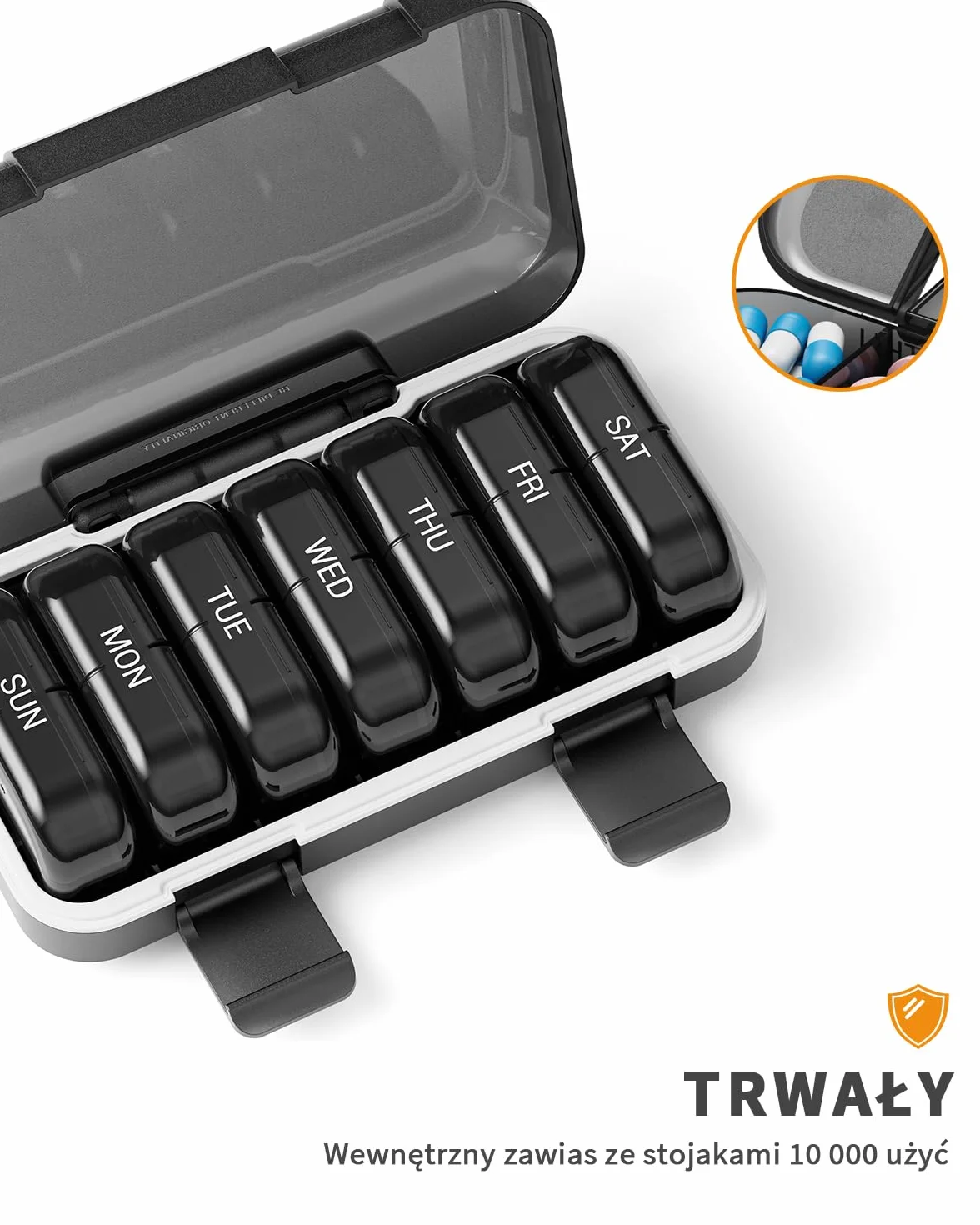 ONTERATE Tygodniowy Organizer na Tabletki 2 Razy Dziennie, AM PM Pudełko na Tabletki 7 Dni, Przenośne, Odporne na Wilgoć Etui na Tabletki 14 Przegródek, Podróżny Pojemnik na Tabletki (Czarny)