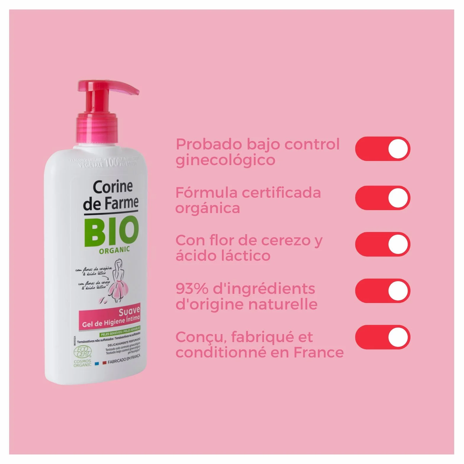 Corine De Farme Organic Naturalny łagodny środek do czyszczenia z kwiatem wiśniowym, 250 ml, biały