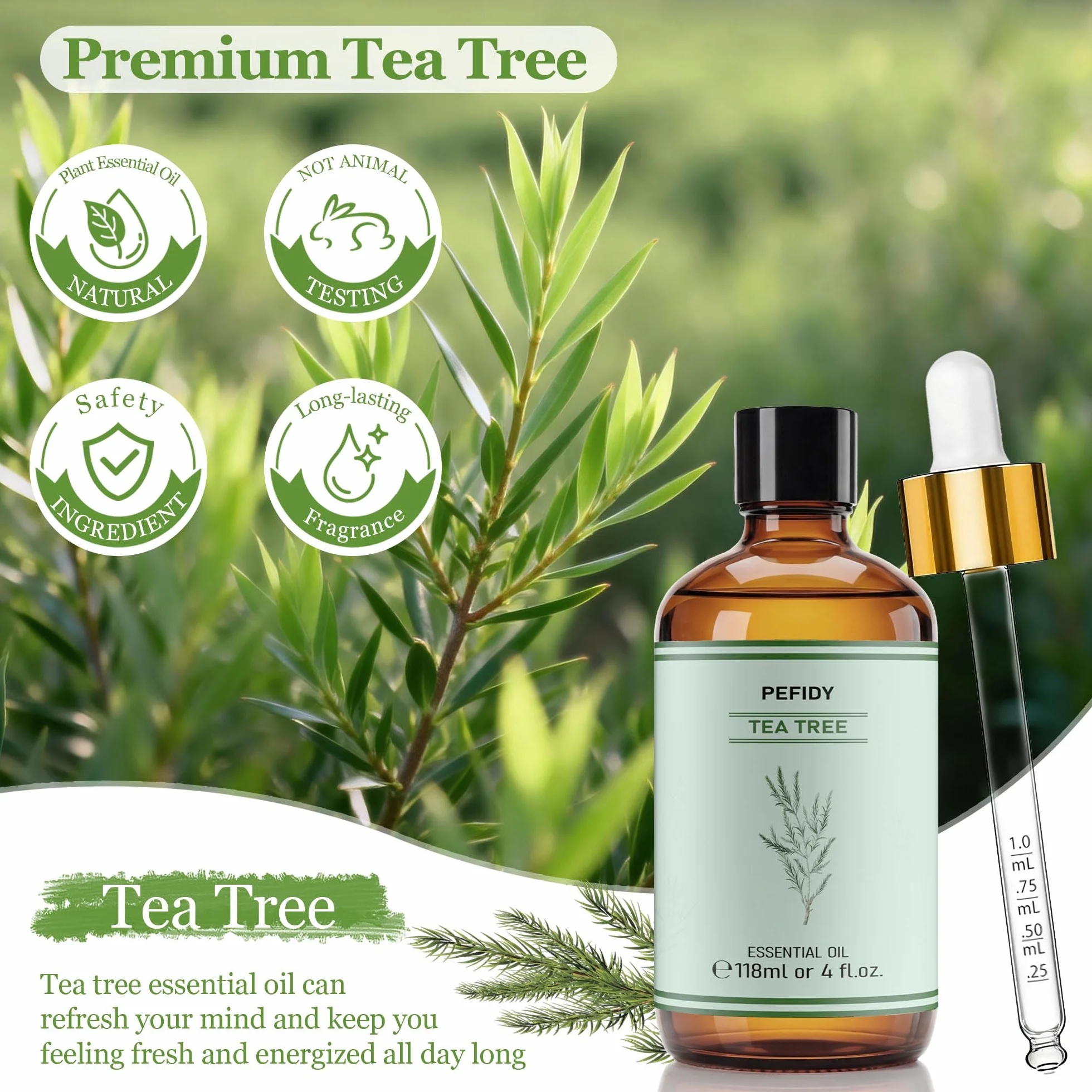 Olejek herbaciany 118ml, 100% czysty. Naturalny olejek tea tree, który wyrównuje skórę. Idealny do dyfuzora, szamponu, produkcji mydła i projektów DIY