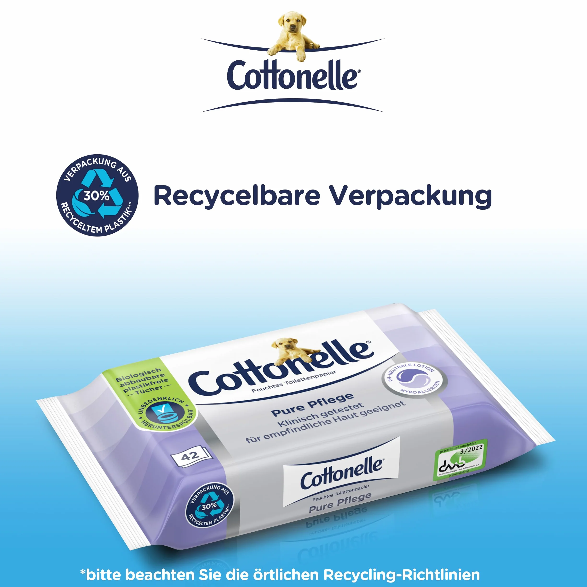 Cottonelle Mokry papier toaletowy Pure Pielęgnacja, ultra czuły, 99% wody, 12 x 42 chusteczki, bezzapachowy i hipoalergiczny