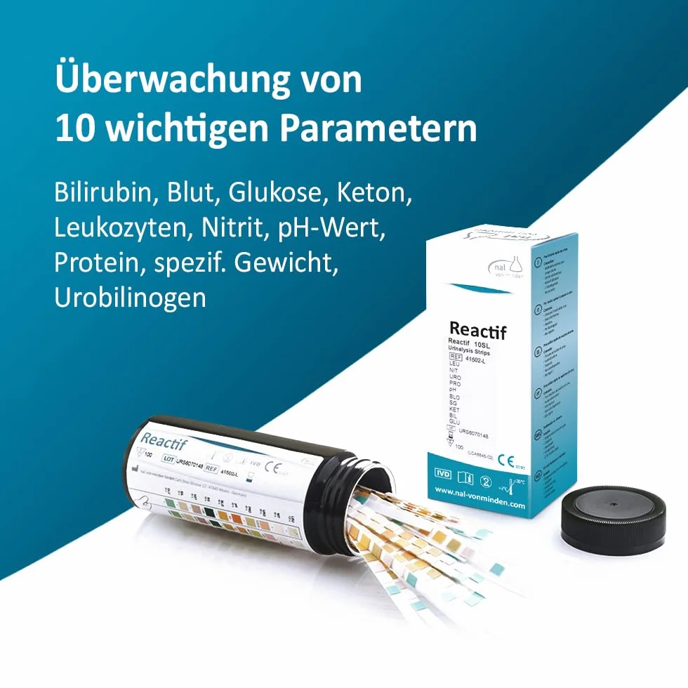 Test zdrowia Reactif: Test moczu 10 parametrów - 100 pasków testowych do moczu | Analiza moczu | Test szybki z skalą kolorów