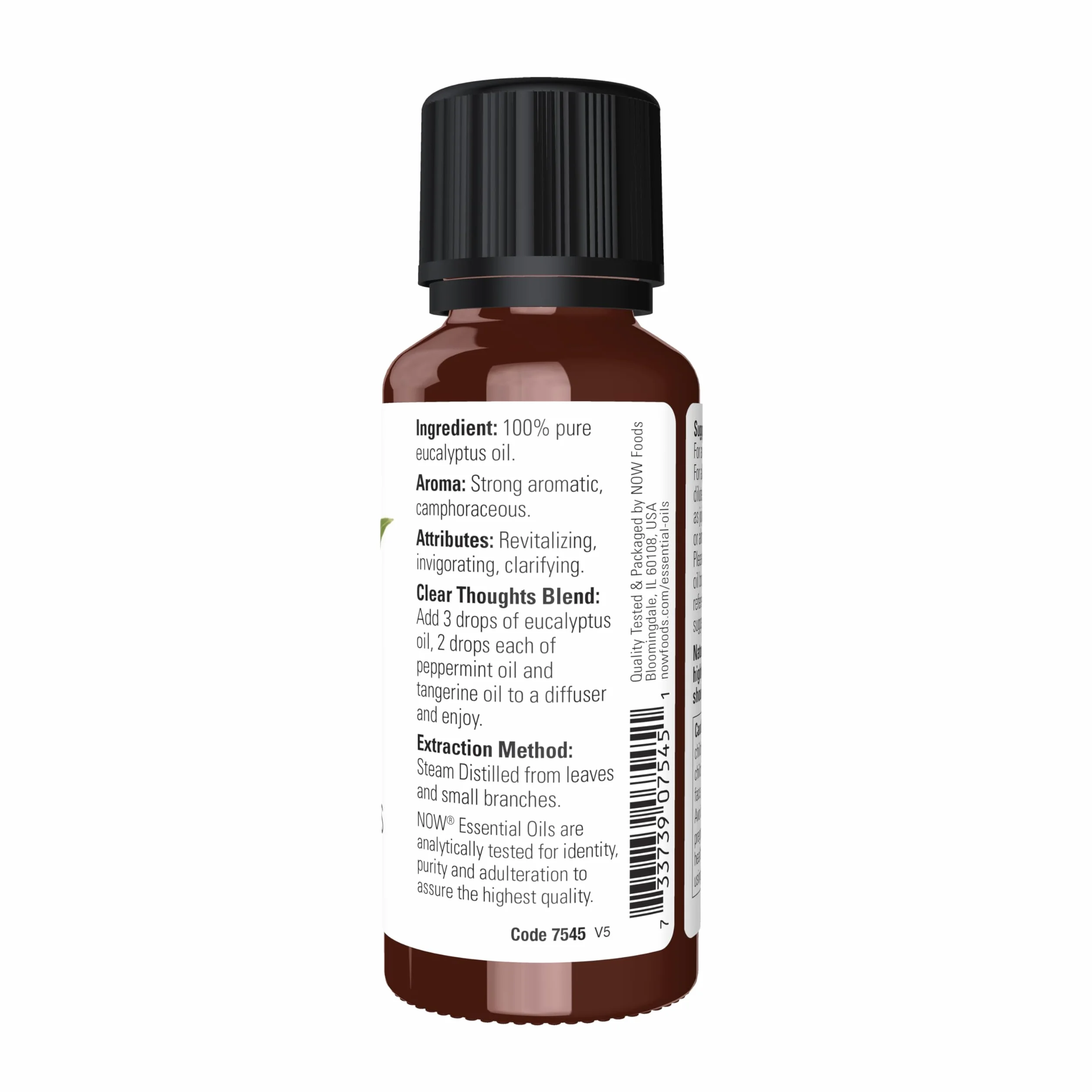 NOW Essential Oils, Eucalyptus Oil, oczyszczający zapach aromaterapeutyczny, destylowany parą wodną, wegański, nakrętka zabezpieczająca przed dziećmi, 30 ml