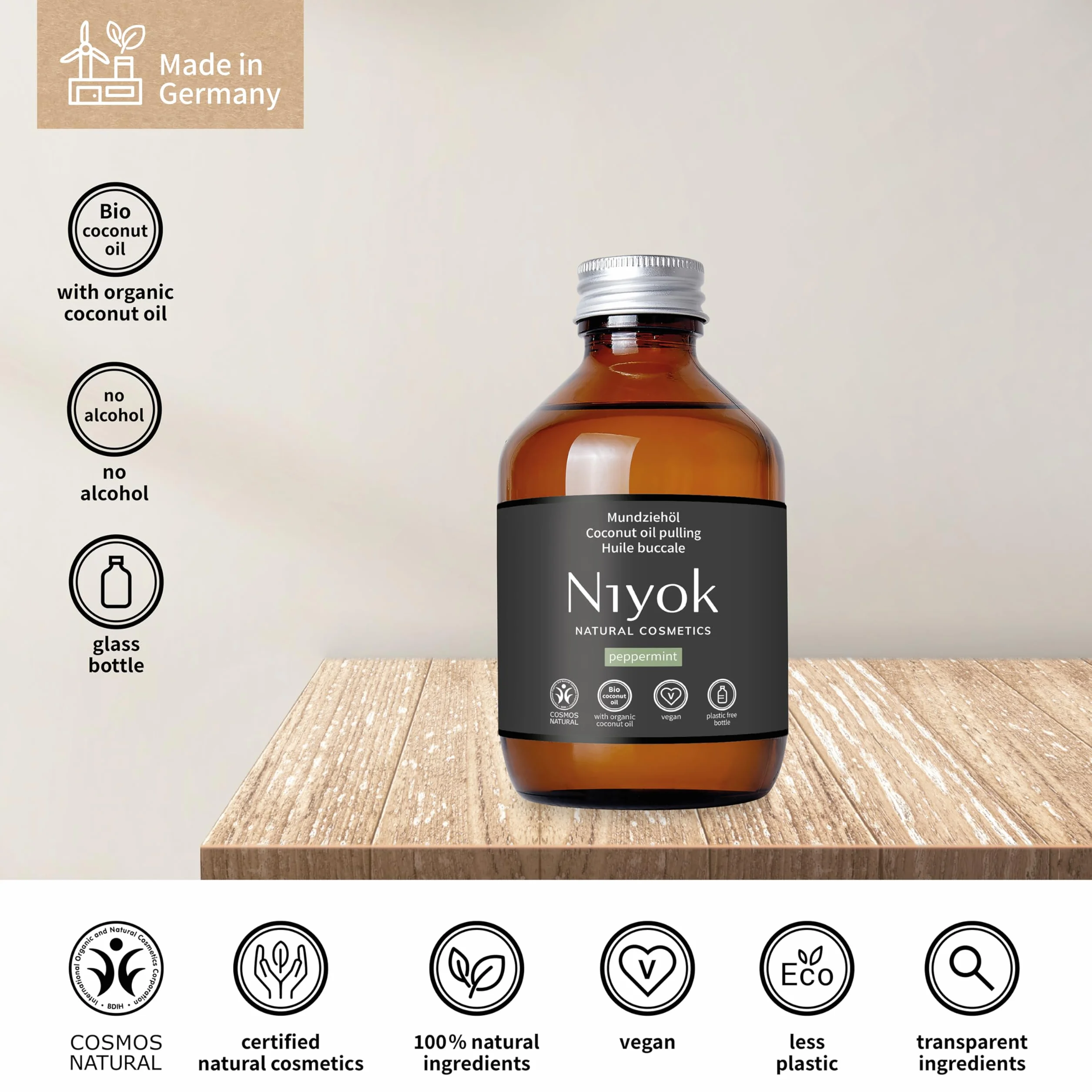 Niyok Olejek do ust z ekologicznego oleju kokosowego "mięta pieprzowa" (200 ml) • płukanie jamy ustnej z olejkami eterycznymi • Bio kuracja olejku kokosowego przeciwko próchnicy, kamieniu nazębnemu i
