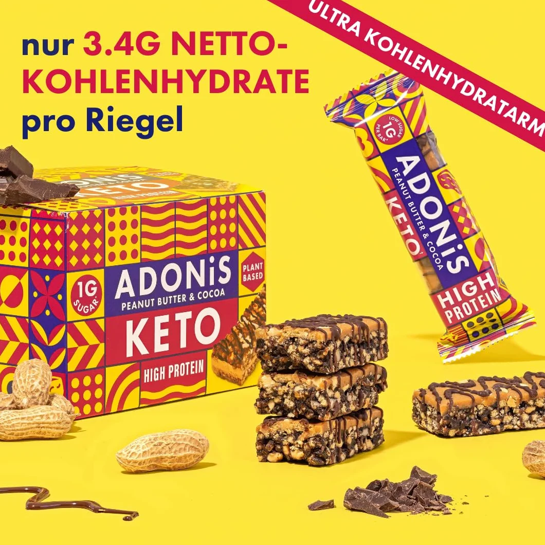 Adonis Keto Protein Bars Peanut Butter & Chocolate Low Carb High Protein Vegan Gluten Free Paleo Box 16