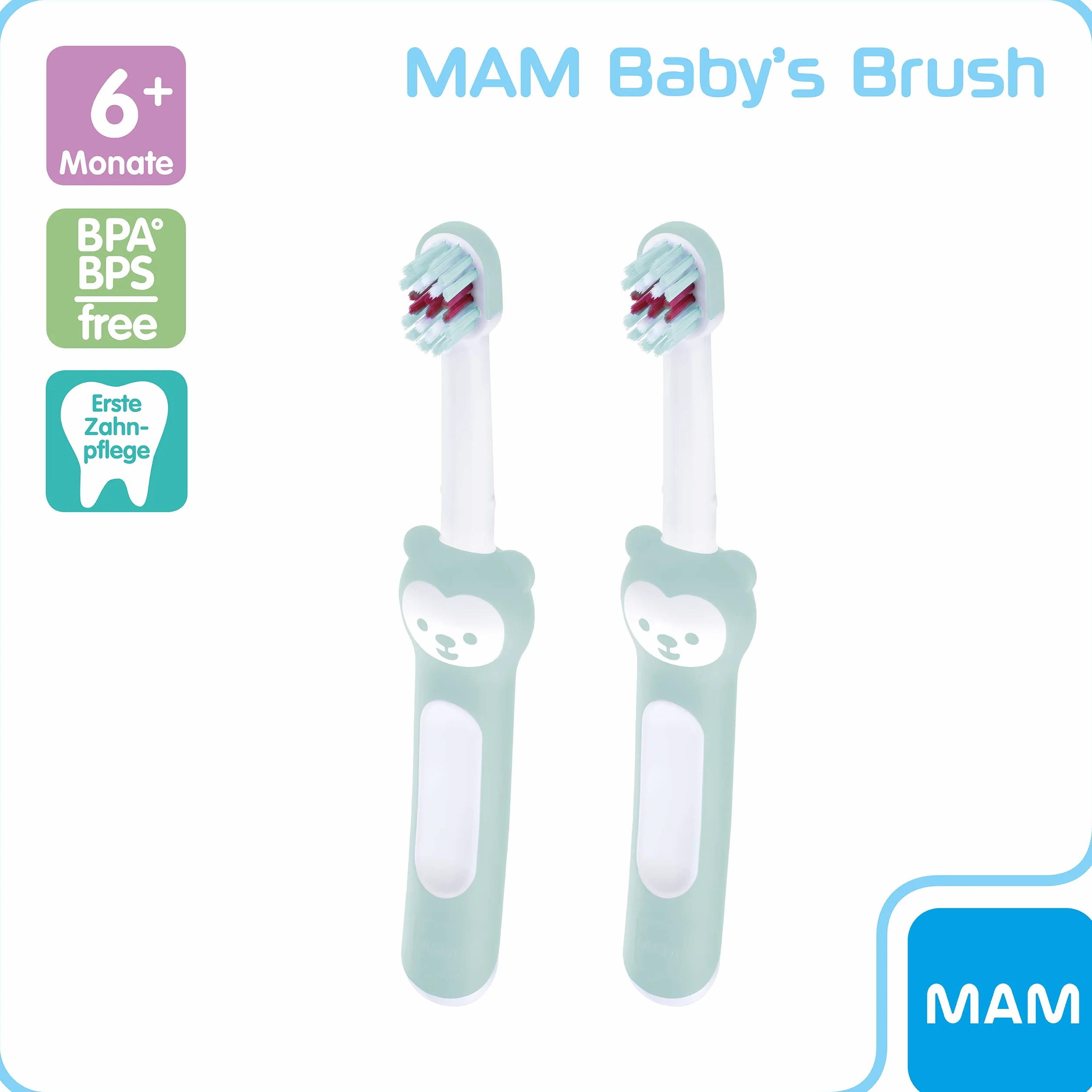 MAM Baby's Brush w zestawie 2 szt. szczoteczka do zębów dla niemowląt z krótkim uchwytem do łatwego trzymania, szczoteczka do zębów dla dzieci do delikatnego czyszczenia zębów, od 6+ miesięcy,