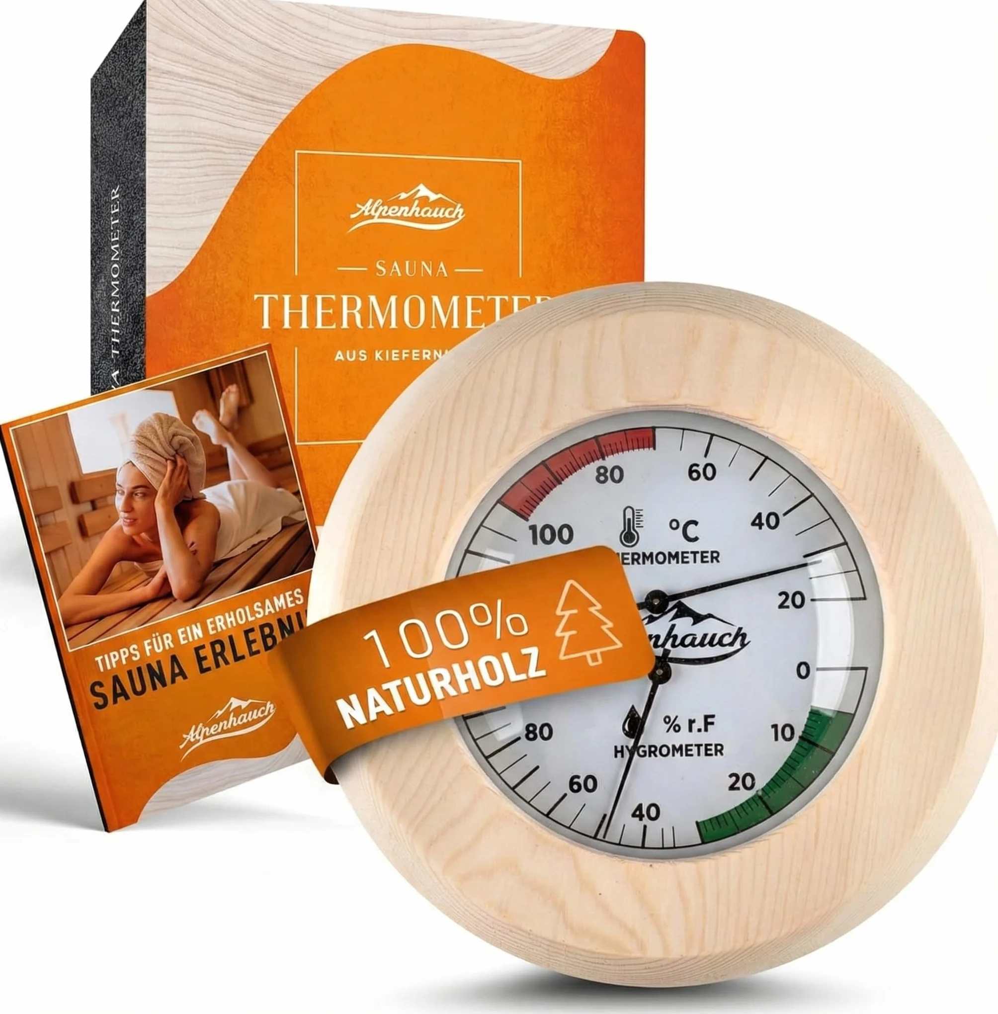 ALPENHAUCH Termometr do sauny, higrometr z drewna, funkcja 2 w 1, wyjątkowo precyzyjny termometr do sauny z hartowanego szkła, automatyczna kalibracja, eleganckie akcesoria do sauny, higrometr