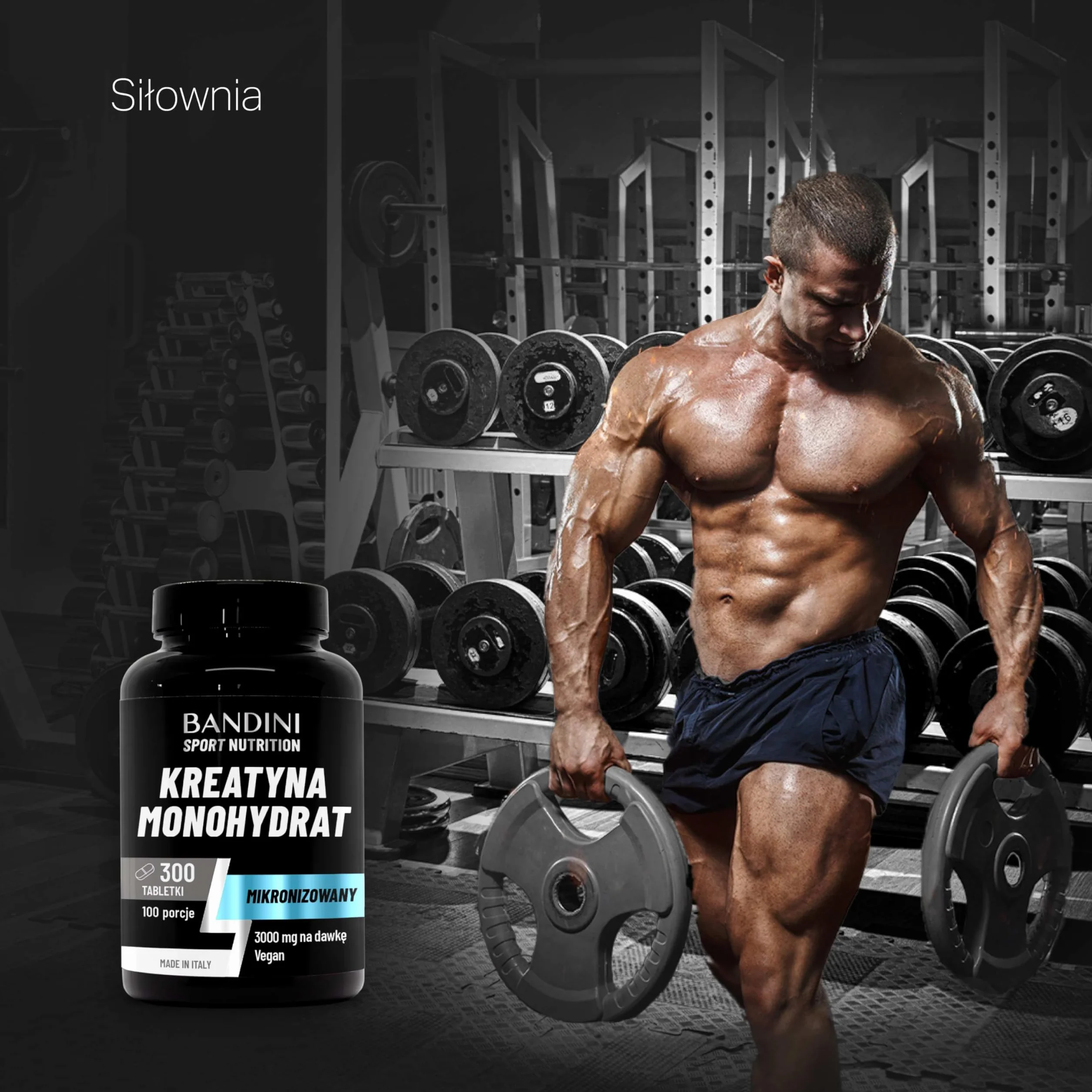 Bandini® Creatine Monohydrate Micronised 300 tabletek 3000 mg porcja wegański 100% czysty monohydrat kreatyny