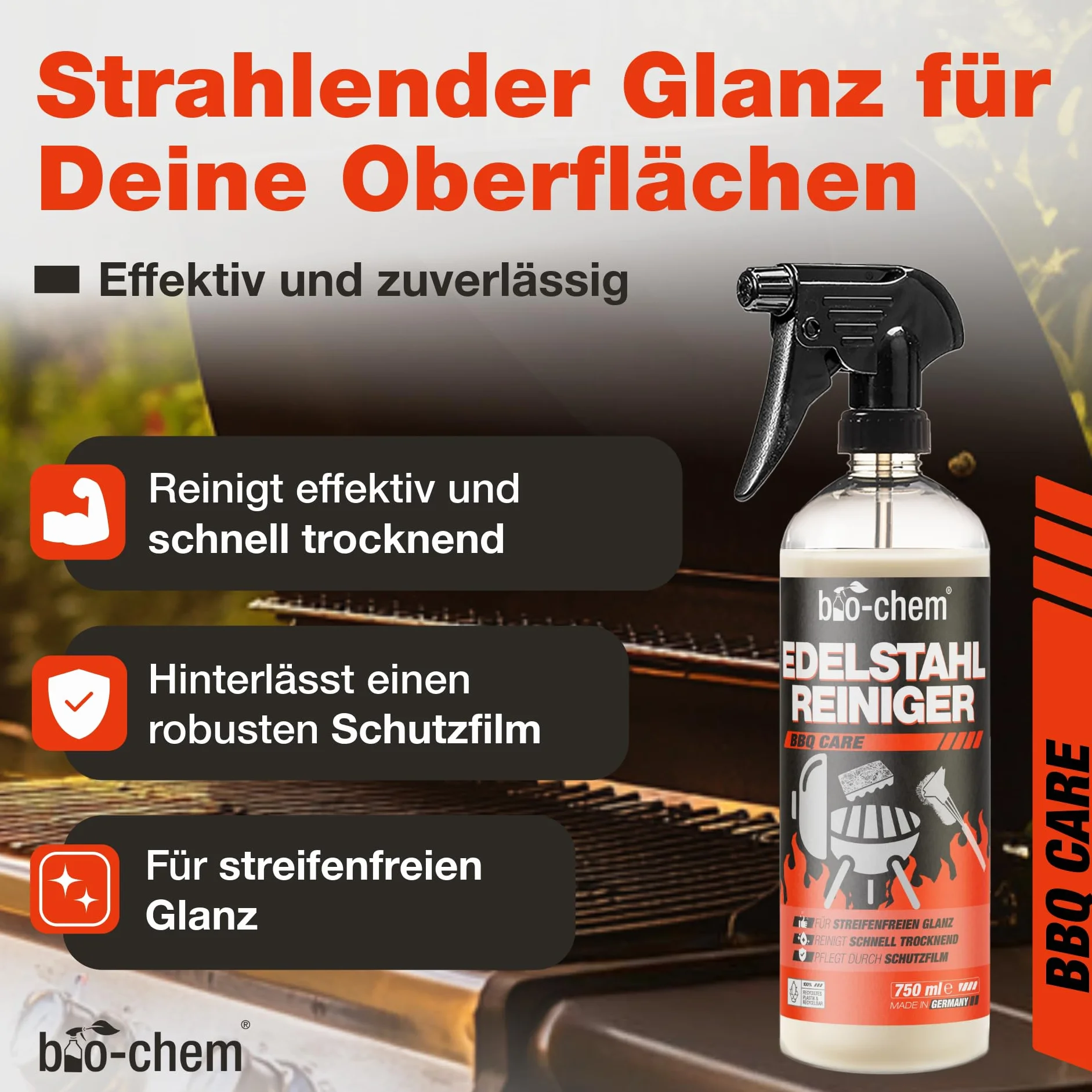 bio-chem Środek do czyszczenia stali nierdzewnej – 750 ml – spray do pielęgnacji kuchni, gospodarstwa domowego i grilla ze stali nierdzewnej, aluminium i chromu – pielęgnacja stali nierdzewnej