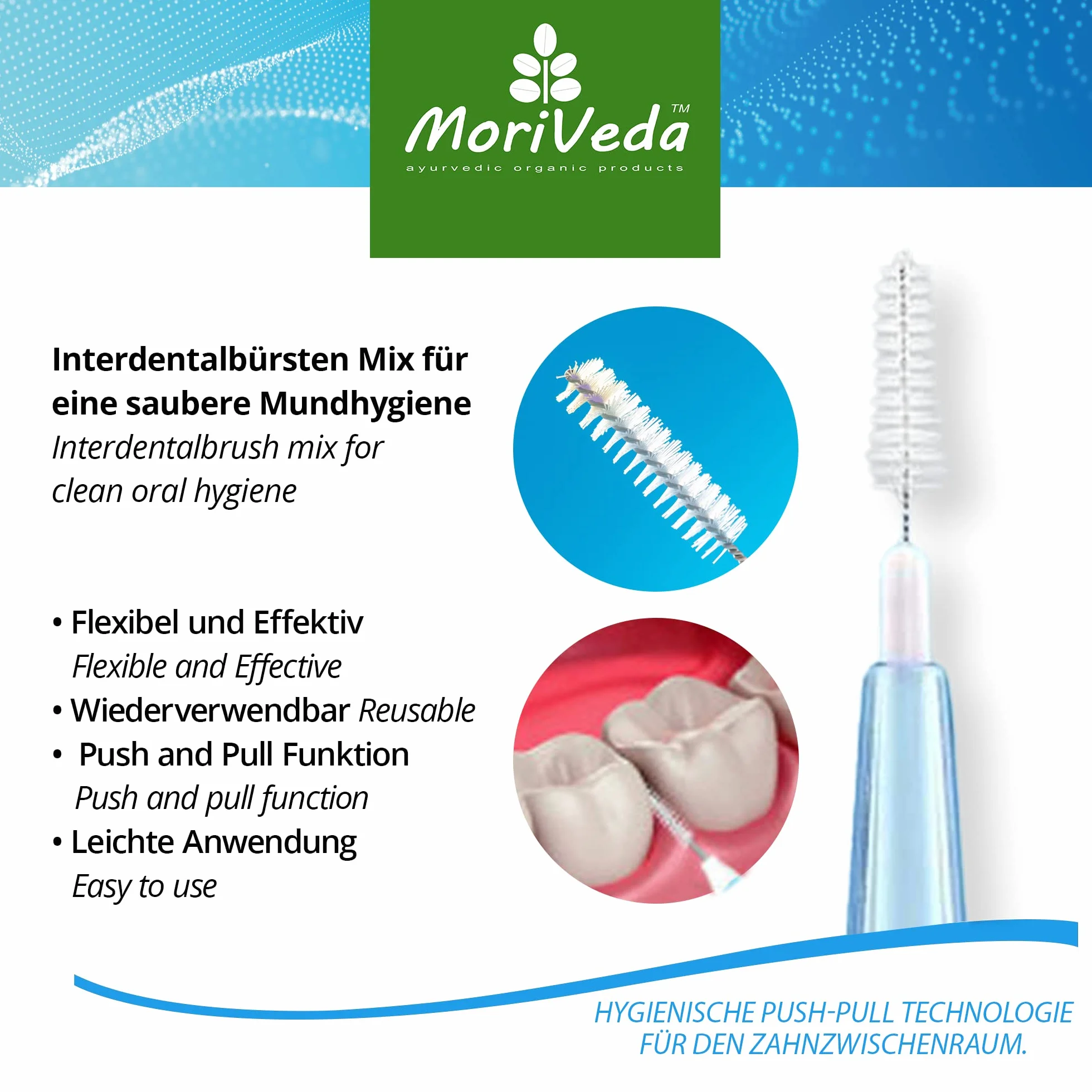 MoriVeda® NP-Vital Szczotki międzyzębowe, zestaw 12 sztuk (0,6/0,7/0,8 mm), funkcja Push-Pull, zapewniająca czystą higienę jamy ustnej