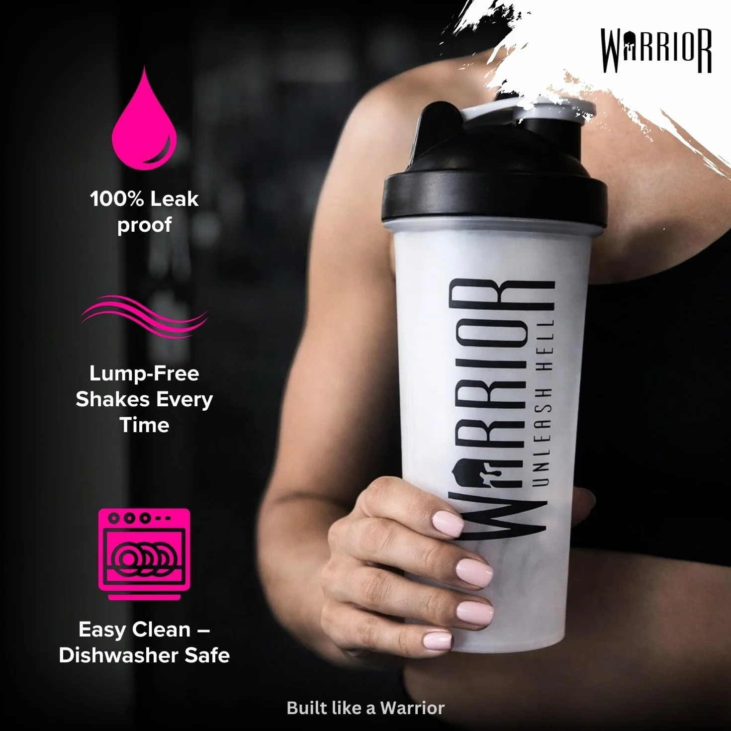 Warrior Butelka do shakera proteinowego, zawiera mieszadło druciane, 600 ml, idealna do mieszania sproszkowanych koktajli, przezroczysta, bez BPA, nadaje się do mycia w zmywarce