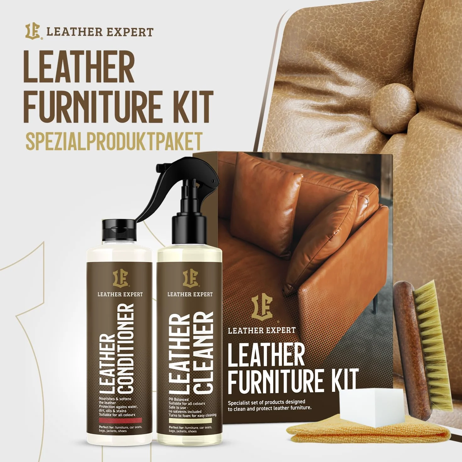 Leather Expert Leather Cleaner 250 ml + Leather Care 250 ml Zestaw do pielęgnacji mebli - Pielęgnacja imitacji skóry ze szczotką, gąbką i ściereczką z mikrofibry