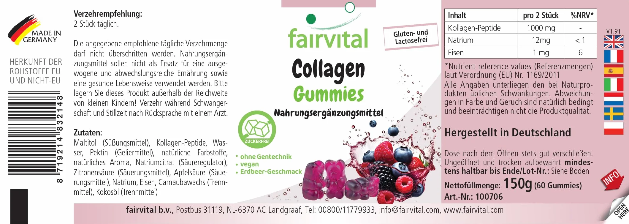 Fairvital Żelki kolagenowe 60 sztuk 1000mg z sodem i żelazem bez cukru