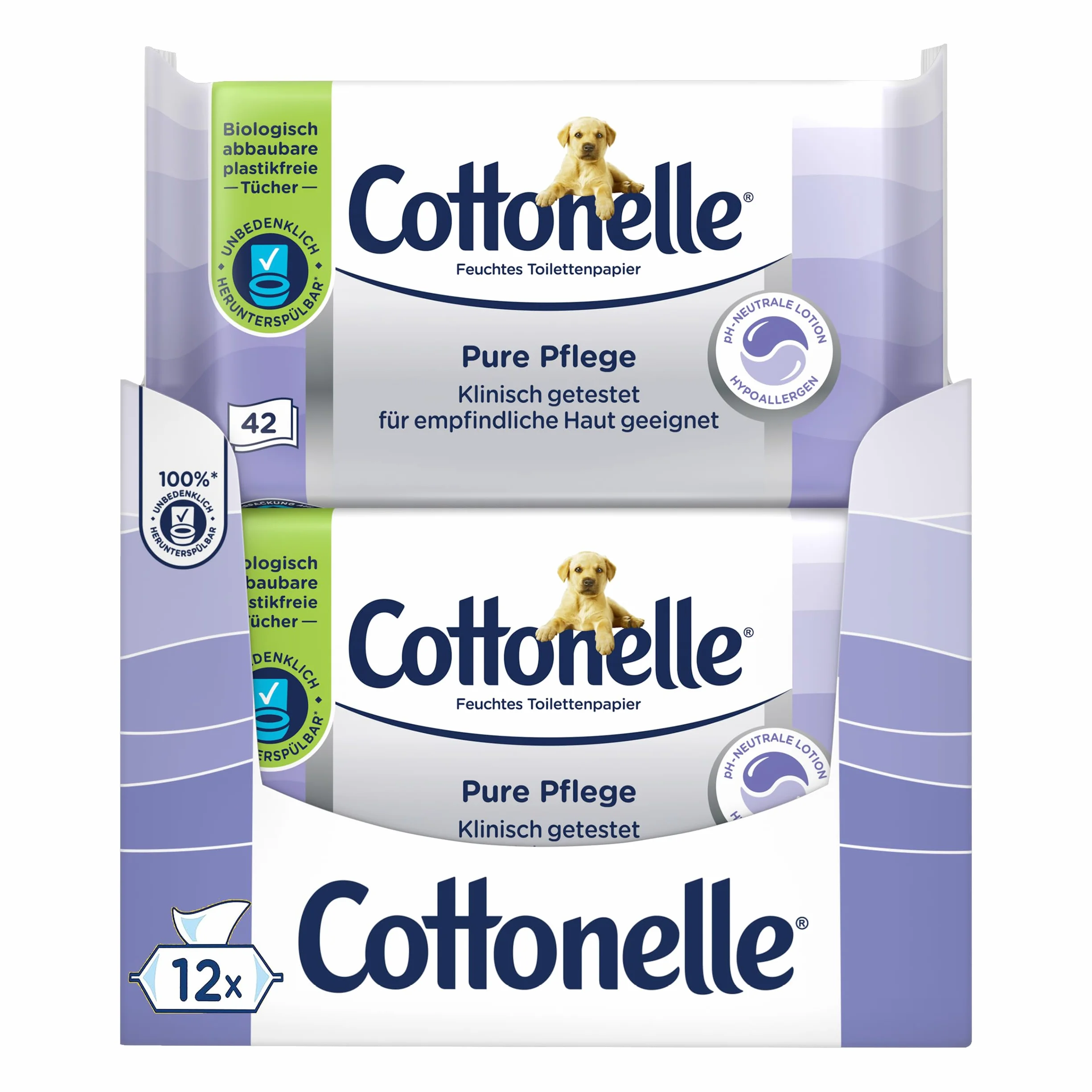 Cottonelle Mokry papier toaletowy Pure Pielęgnacja, ultra czuły, 99% wody, 12 x 42 chusteczki, bezzapachowy i hipoalergiczny