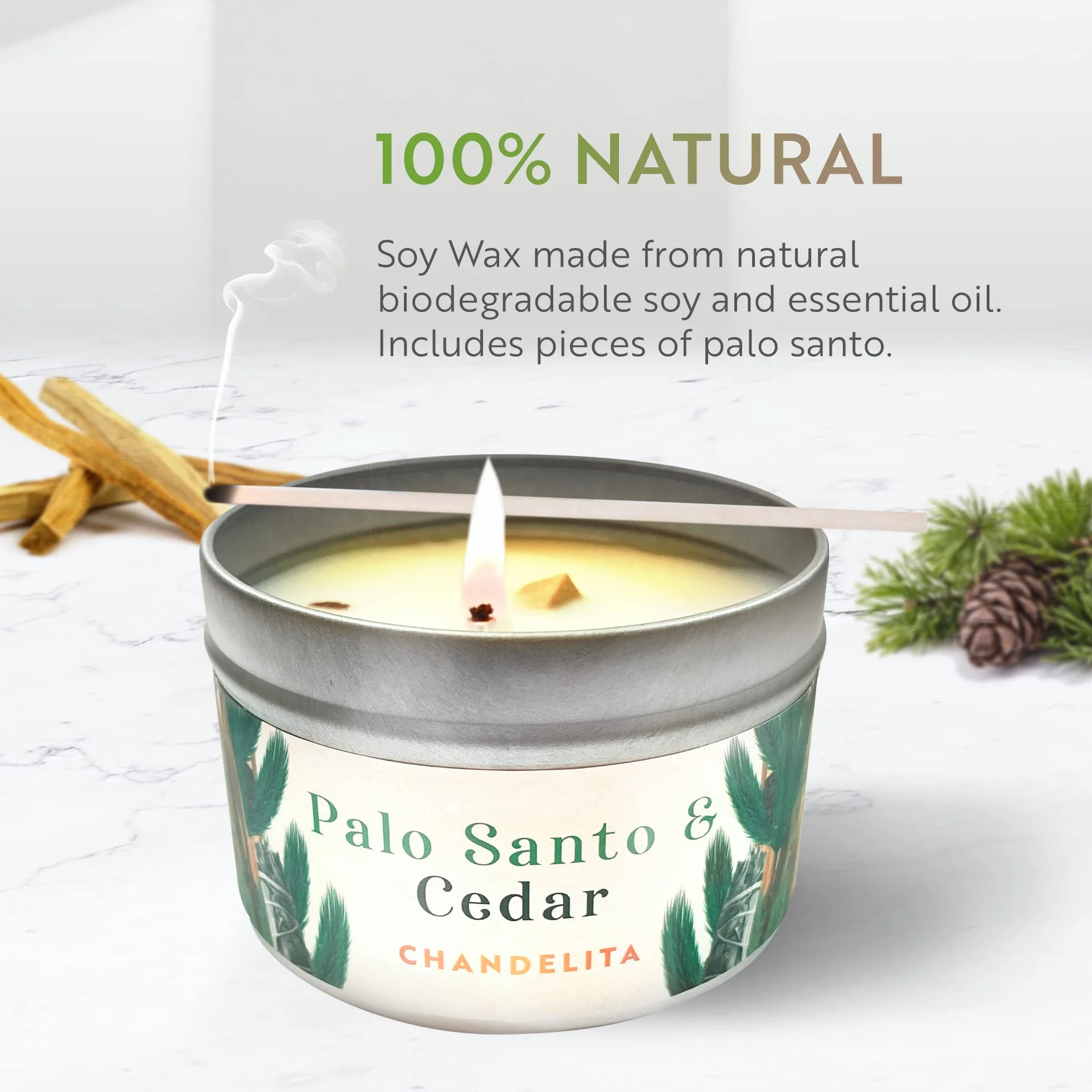 Aromatyczna Świeca o Zapachu Palo Santo i Decru z Wosku Sojowego i Olejków Eterycznych z Palo Santo i Cedru – Świece Zapachowe – Świece Dekoracyjne – Relaks i Medytacja