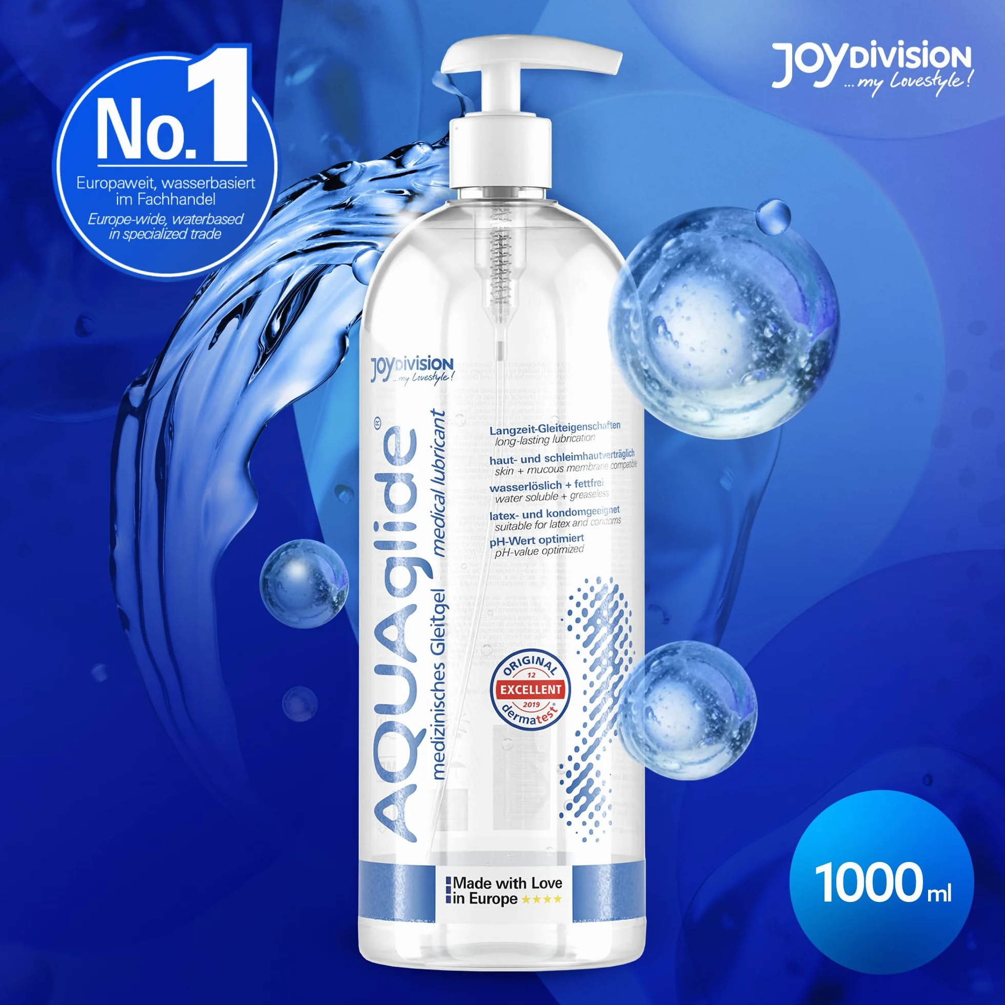 Joydivision Original AQUAglide 1000 ml naturalny lubrykant, krystalicznie czysty i wegański lubrykant, o zoptymalizowanym pH i kompatybilny z prezerwatywami lateksowymi