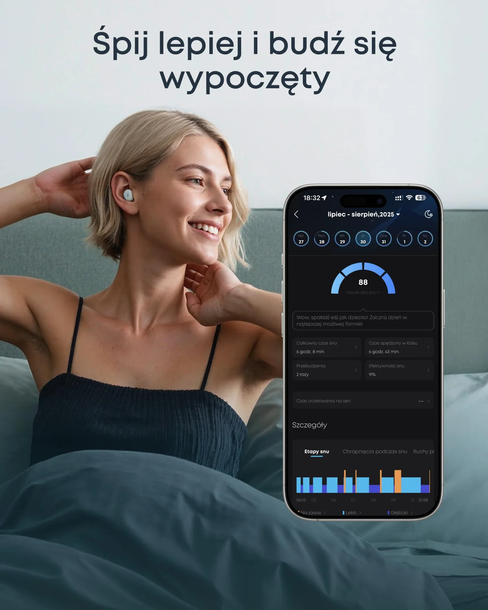 Słuchawki do spania soundcore Sleep A30 Anker, pasywna i aktywna redukcja hałasu, maskowanie chrapania, 10h odtwarzania